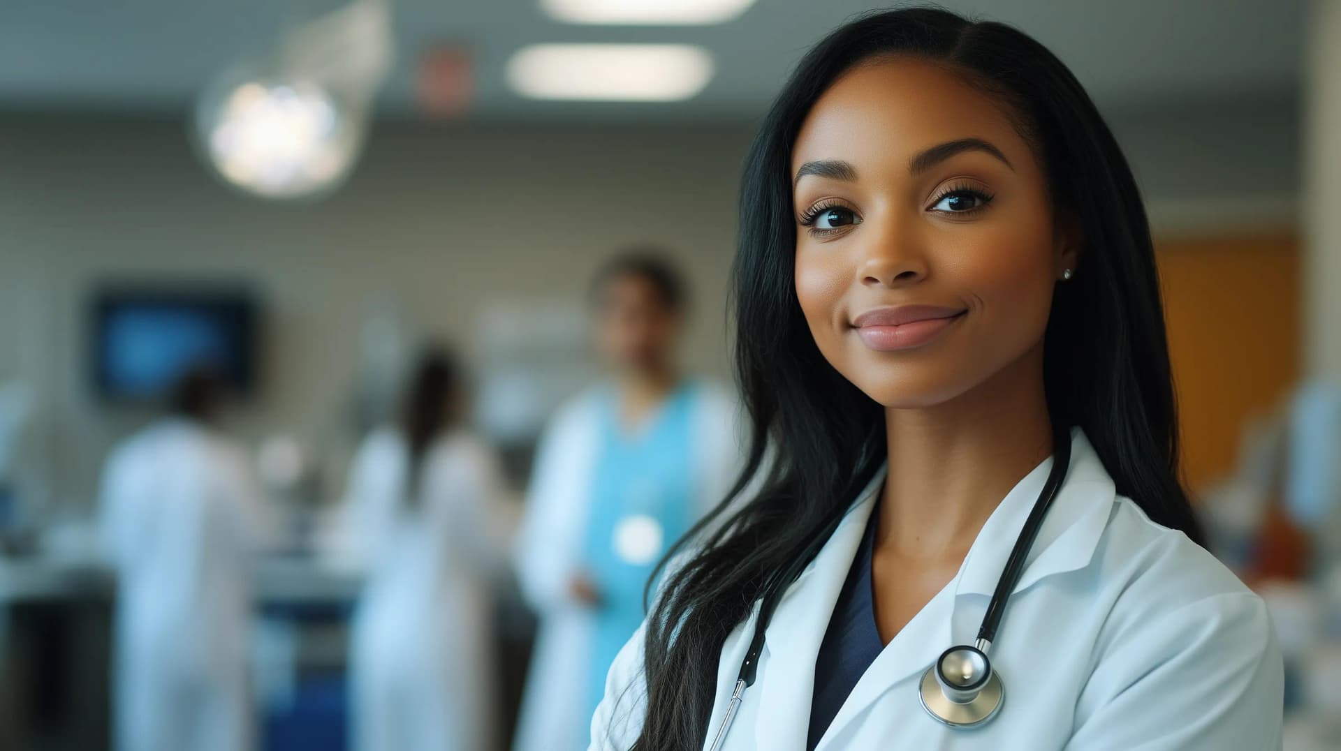 A healthcare professional posing for a photo during a skills training session with her peers in the background