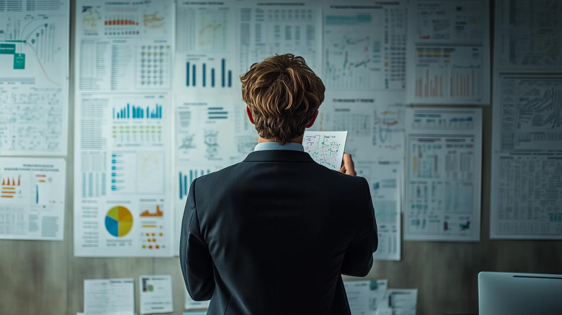 A healthcare project manager going over charts and data posted on the wall