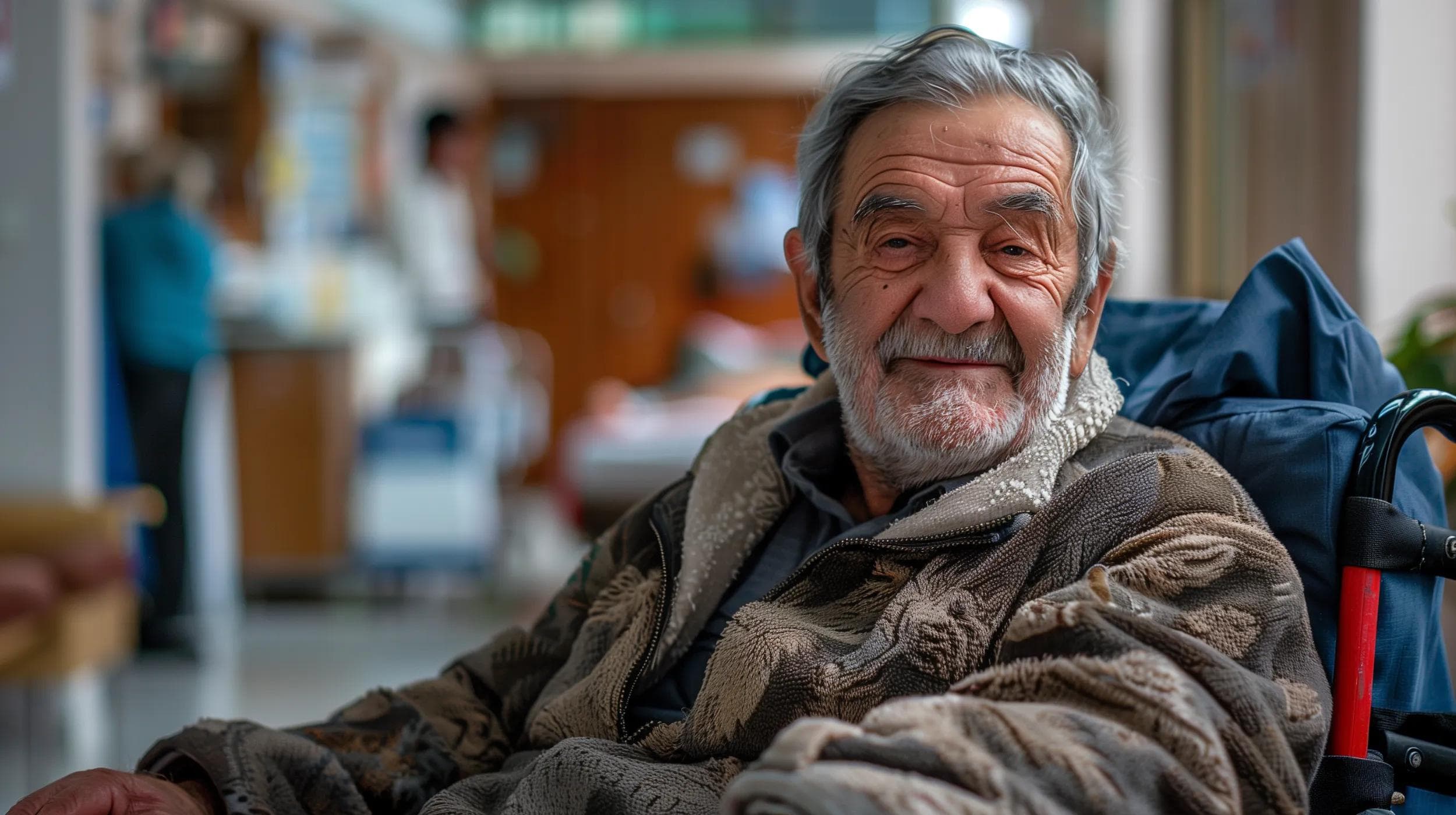 A hospital patient smiling at the camera, satisfied with the efficiency of his treatment 