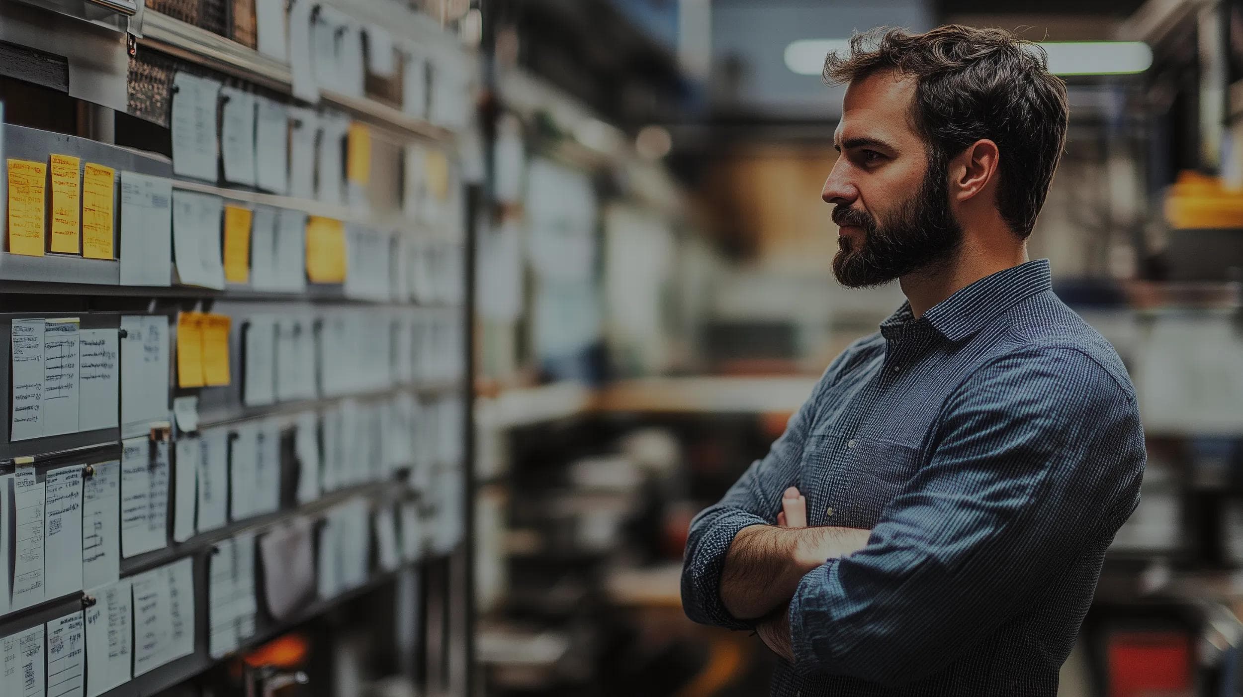 A healthcare project manager analyzing data on a kanban board to plan out strategies for company growth