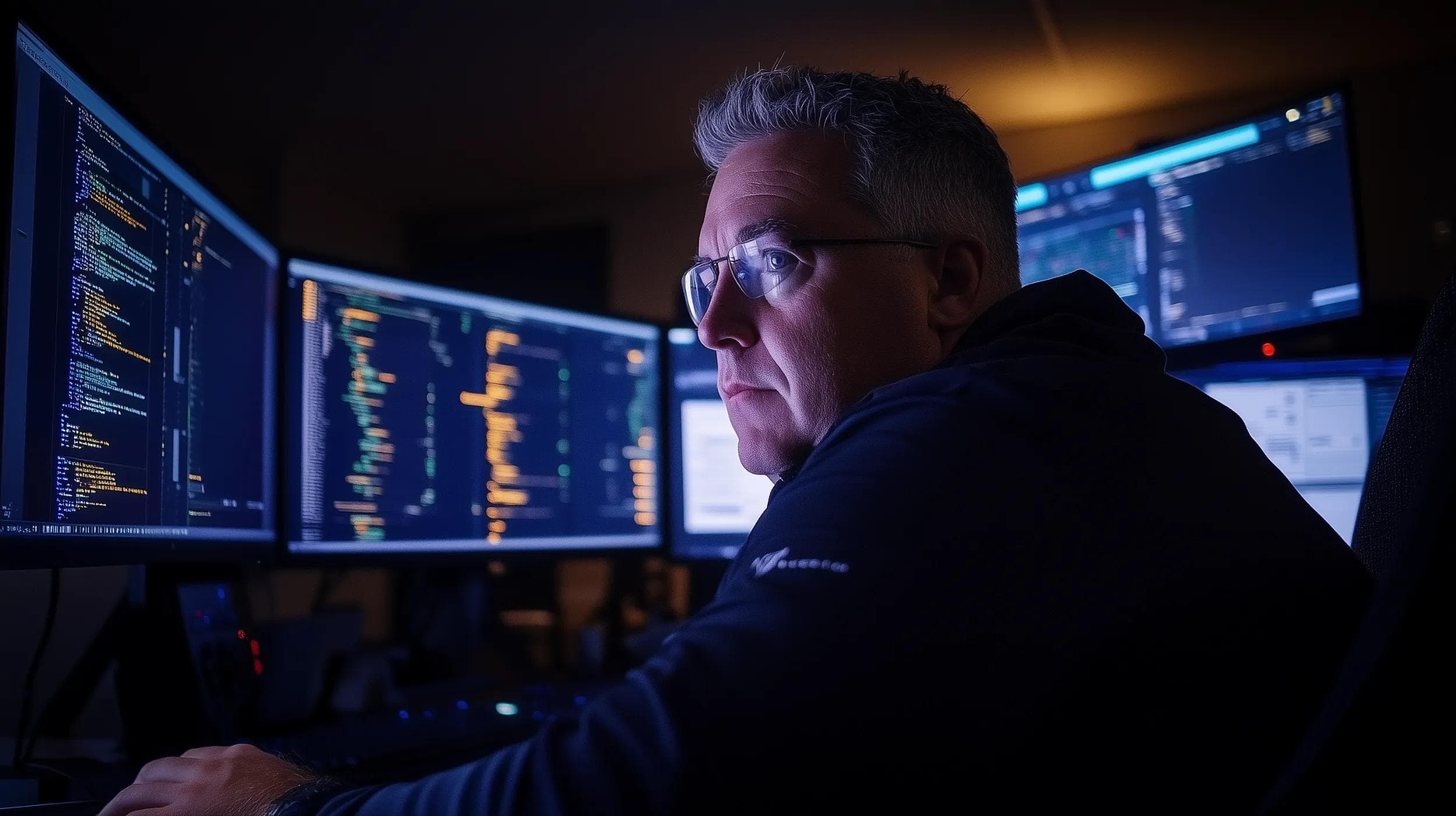 A photo of a cybersecurity professional watching over multiple screens to ensure healthcare data is protected