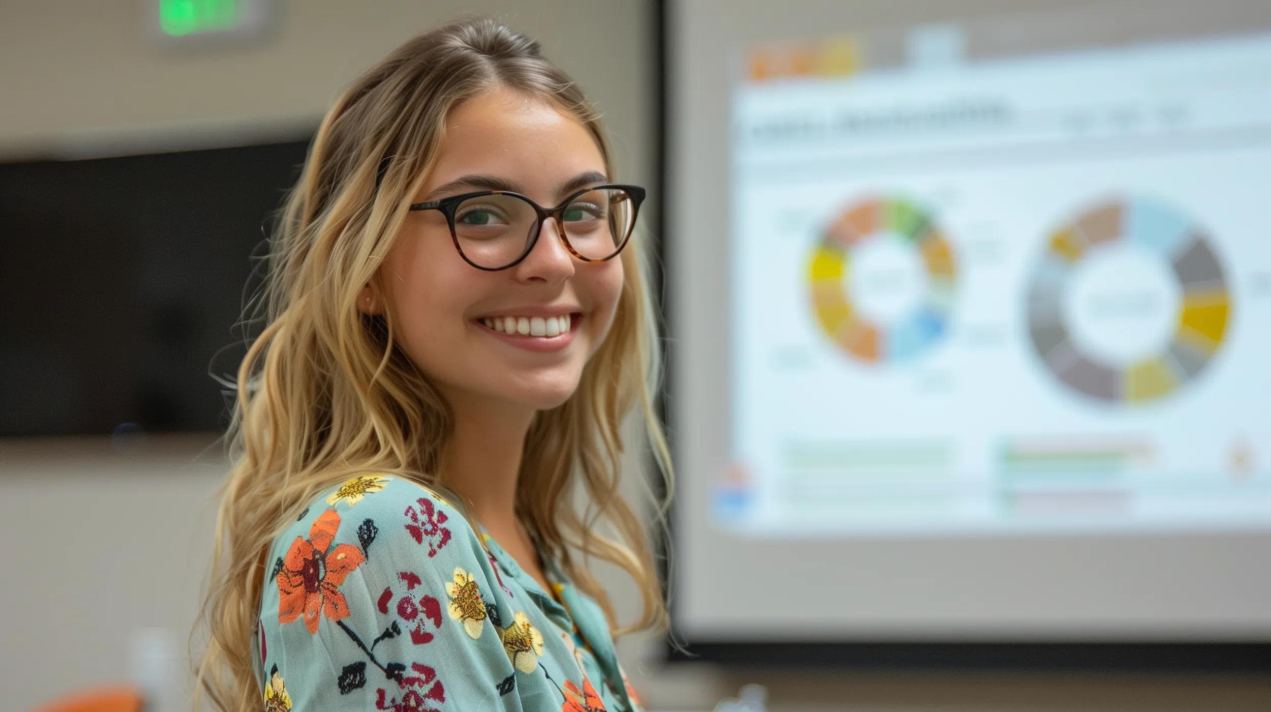 A healthcare project manager happily posing for a picture after a successful project update presentation