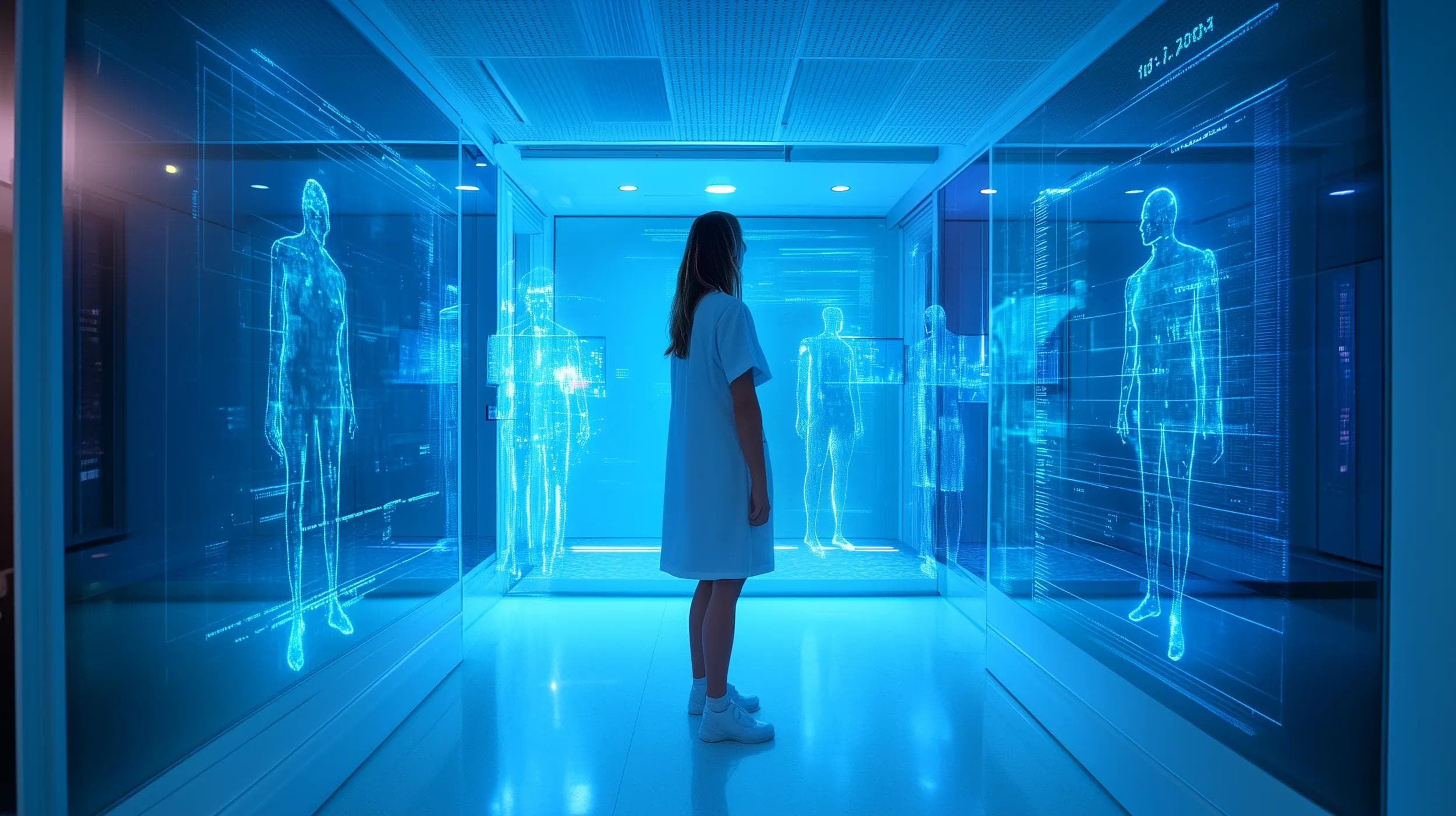 A healthcare patient in a futuristic hospital being scanned for biometric data