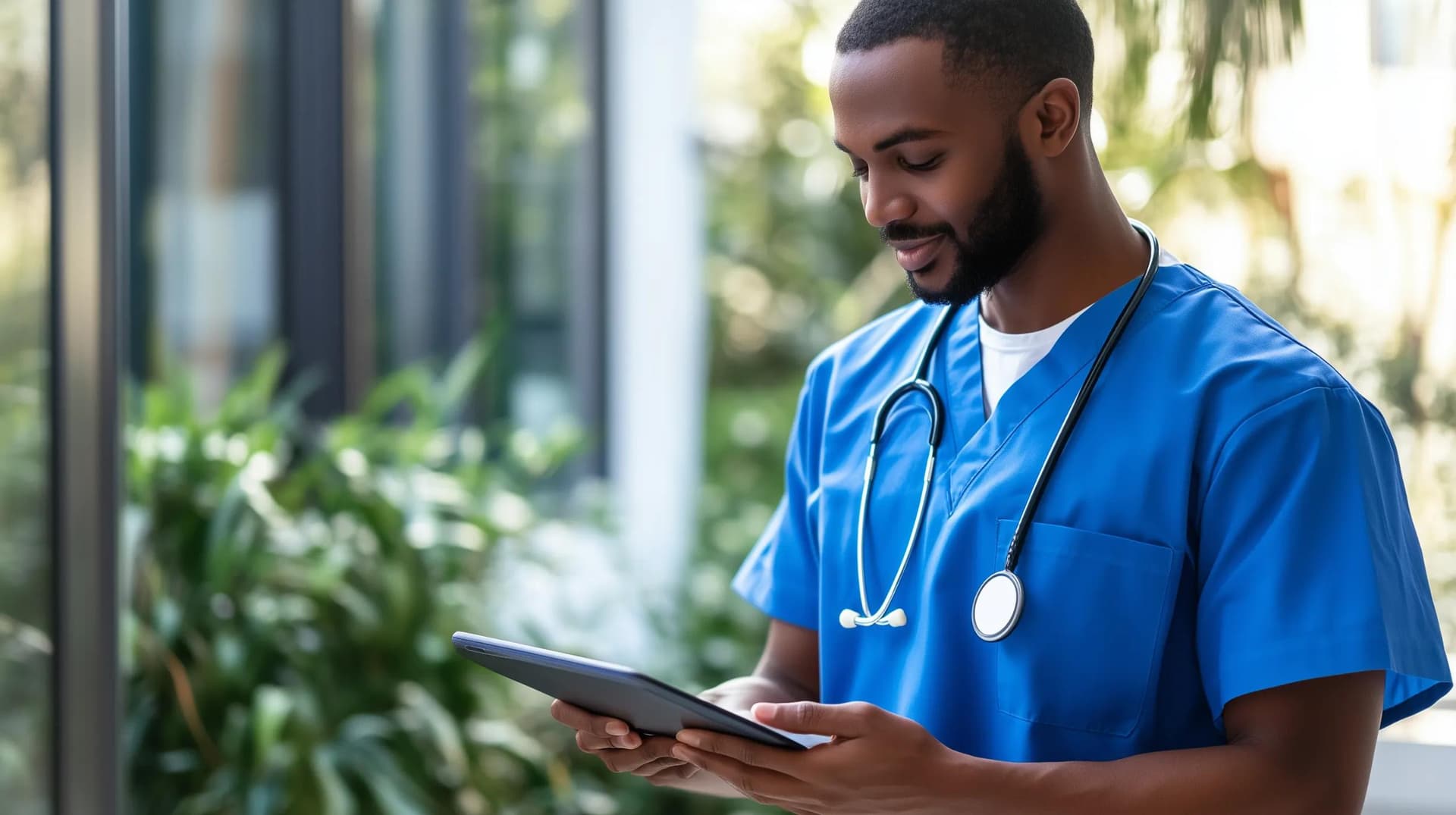 A healthcare professional using a tablet device that is integrated with 5G technology