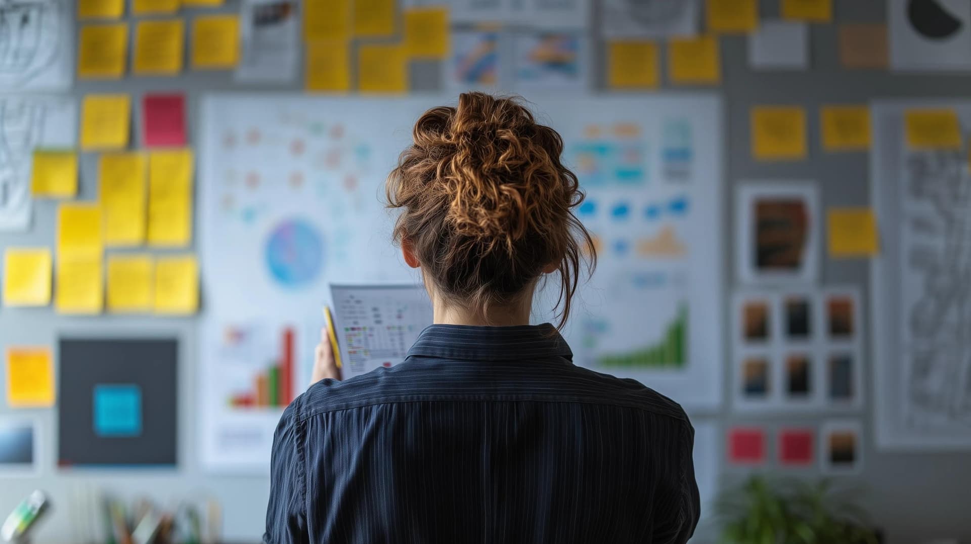 A healthcare professional examining charts and workflow diagrams posted on the wall