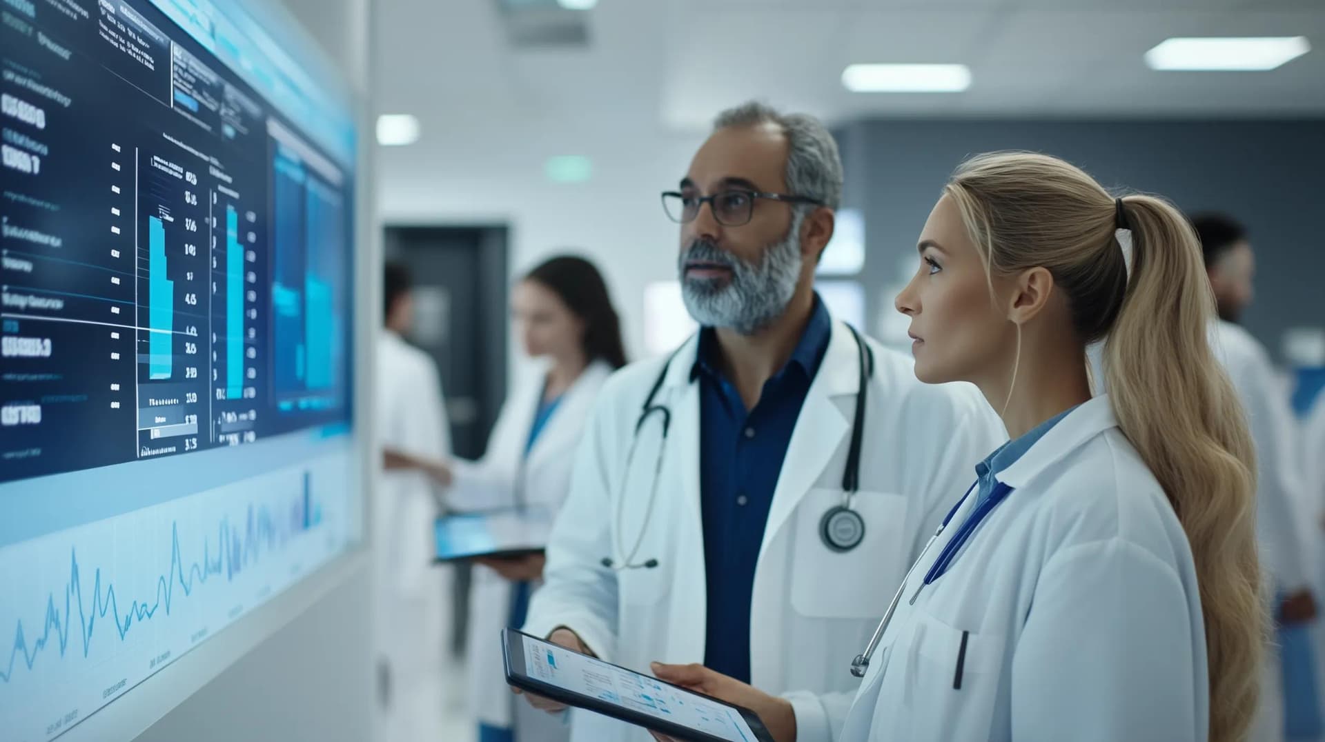 A couple of healthcare directors reviewing financial data on a large display