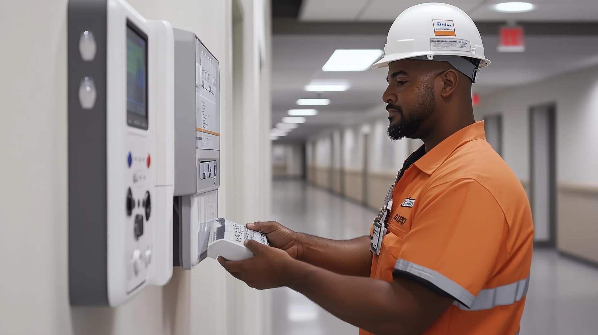 A healthcare facility worker performing routine inspections and preventive maintenance on facility equipment