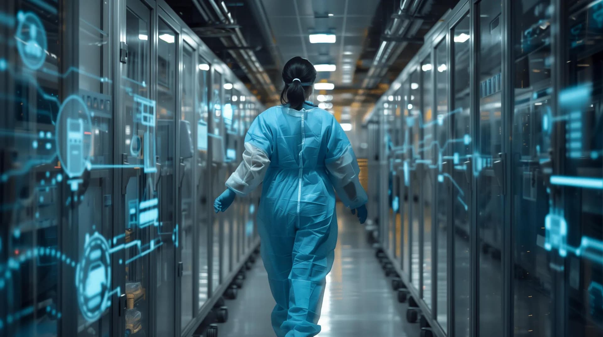 A healthcare professional walking through a hallway of servers containing medical records data