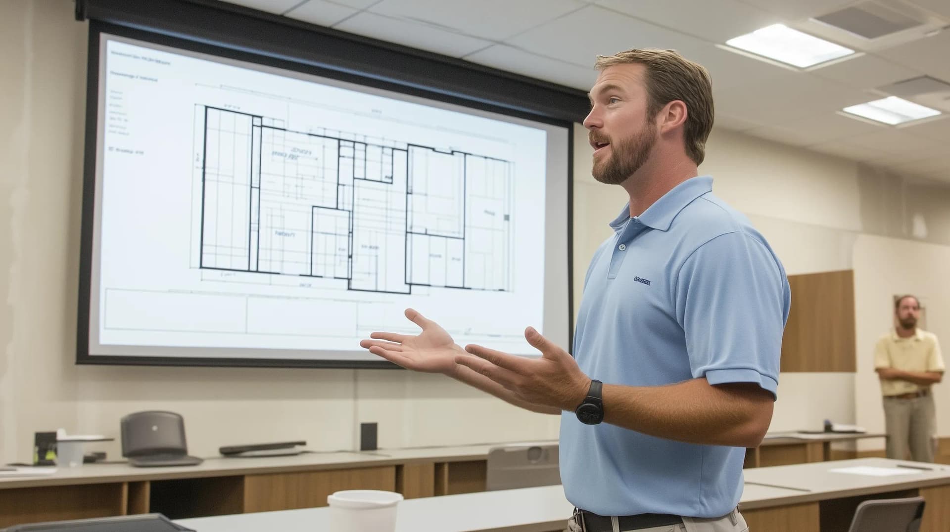 A project manager presenting construction updates to stakeholders for a new healthcare facility