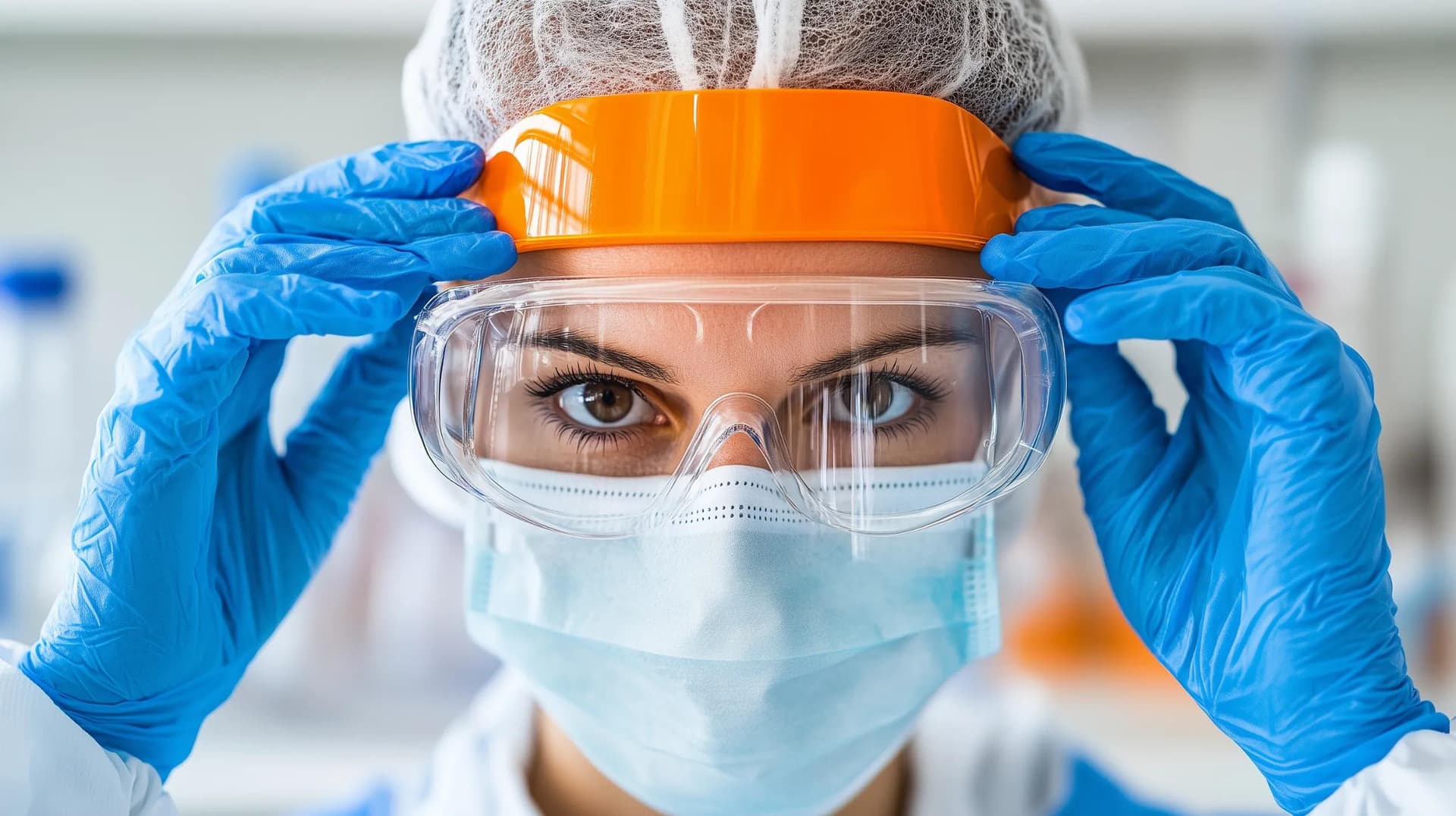 A healthcare worker wearing personal protective equipment while working in a laboratory