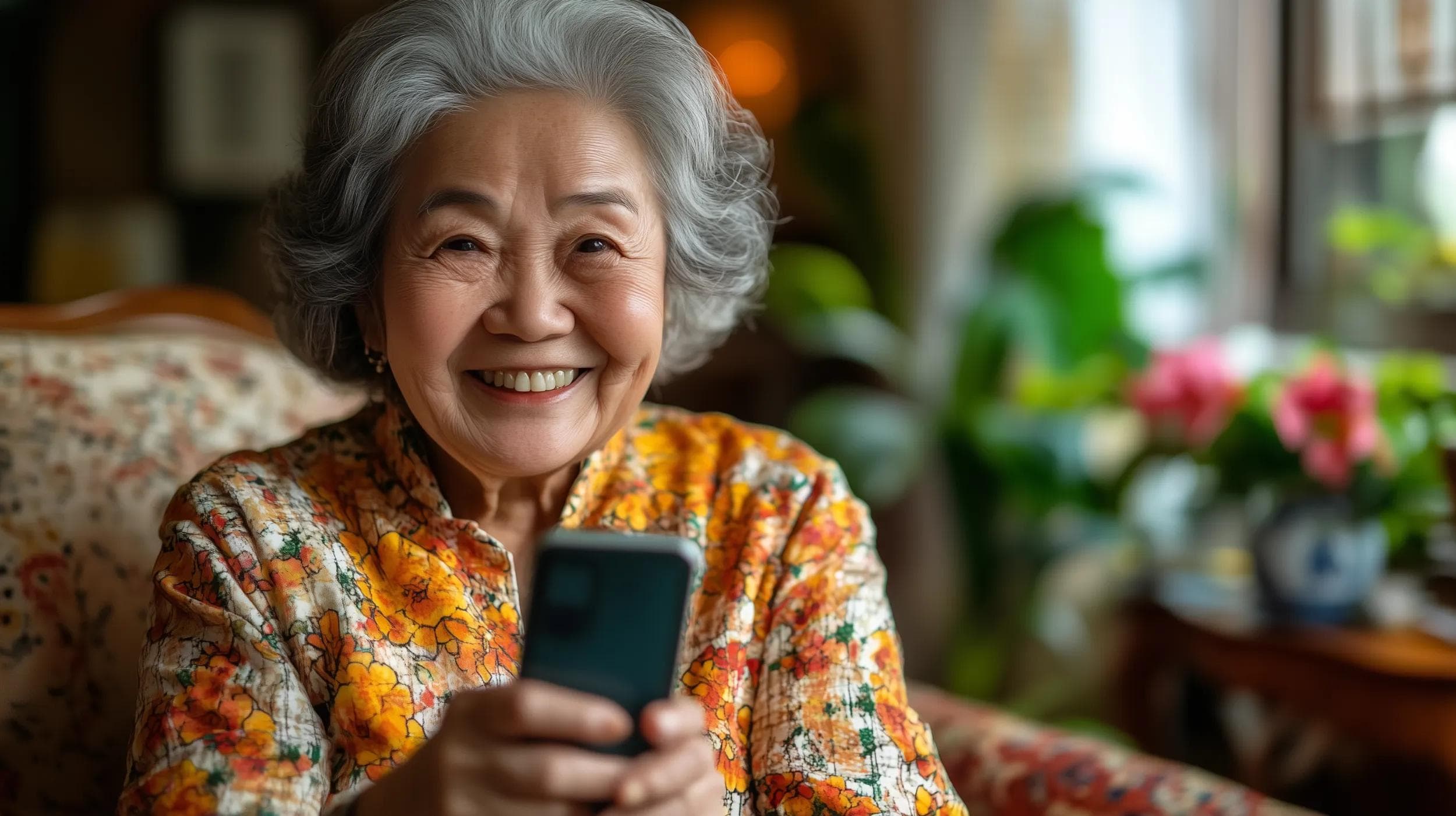 A senior person smiling with satisfaction after a telehealth call session