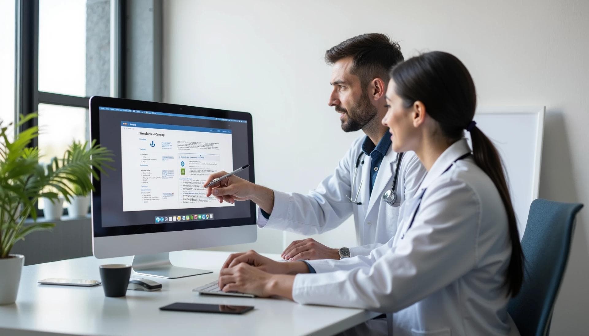 Two doctors, in the office, reviewing and collaborating on a compliance checklist displayed on a computer screen