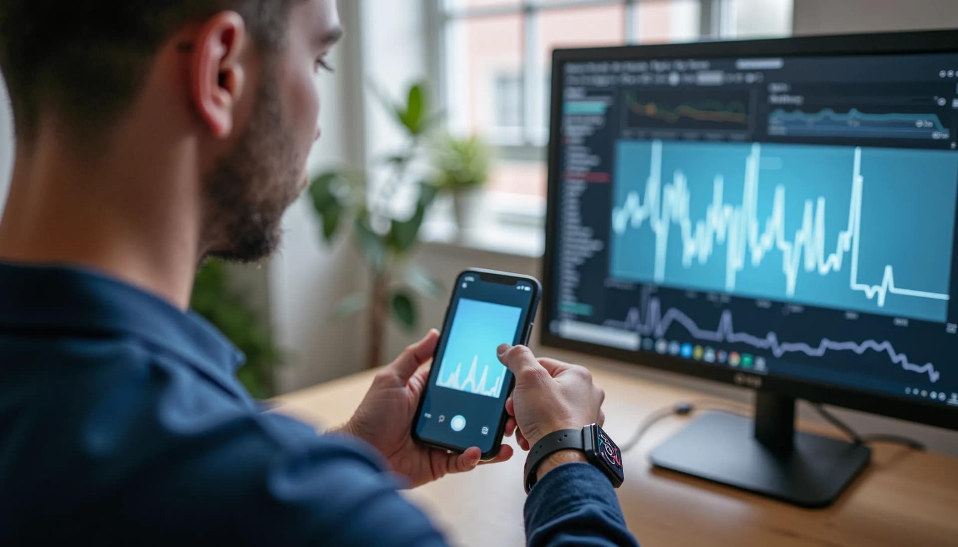a medical professional looking over patient monitoring data on a mobile phone app and on a large screen monitor