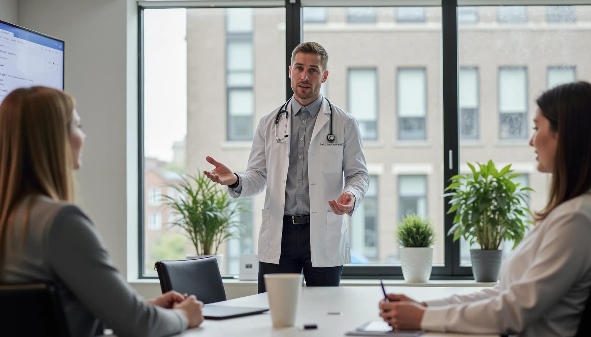 A healthcare professional presenting a compliance training program in a room full of other healthcare professionals
