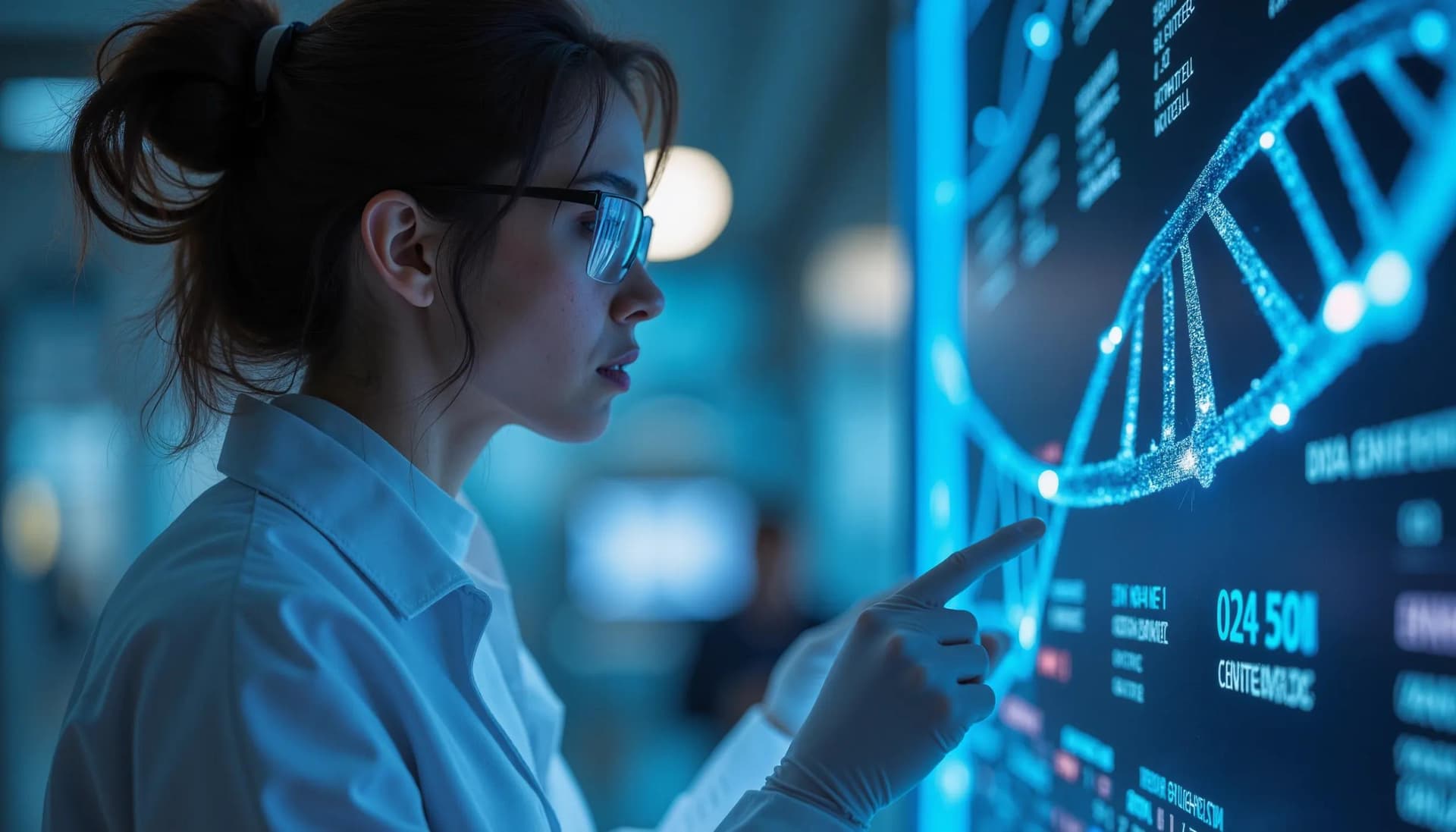 a medical laboratory technician looking at DNA and genomics data on a large virtual screen