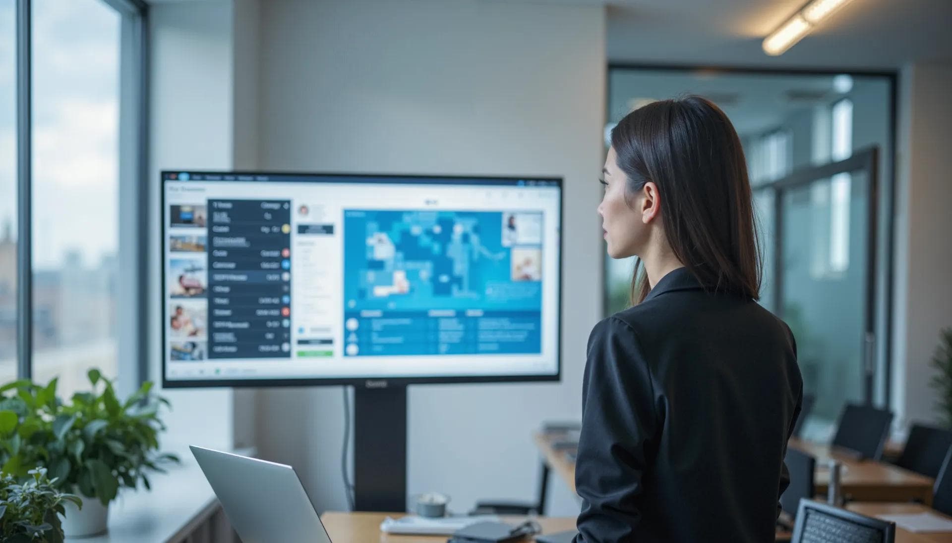A female business professional in a project management office looking at a large digital screen showing a hospital floor layout or digital dashboard showing real-time patient tracking and bed availability