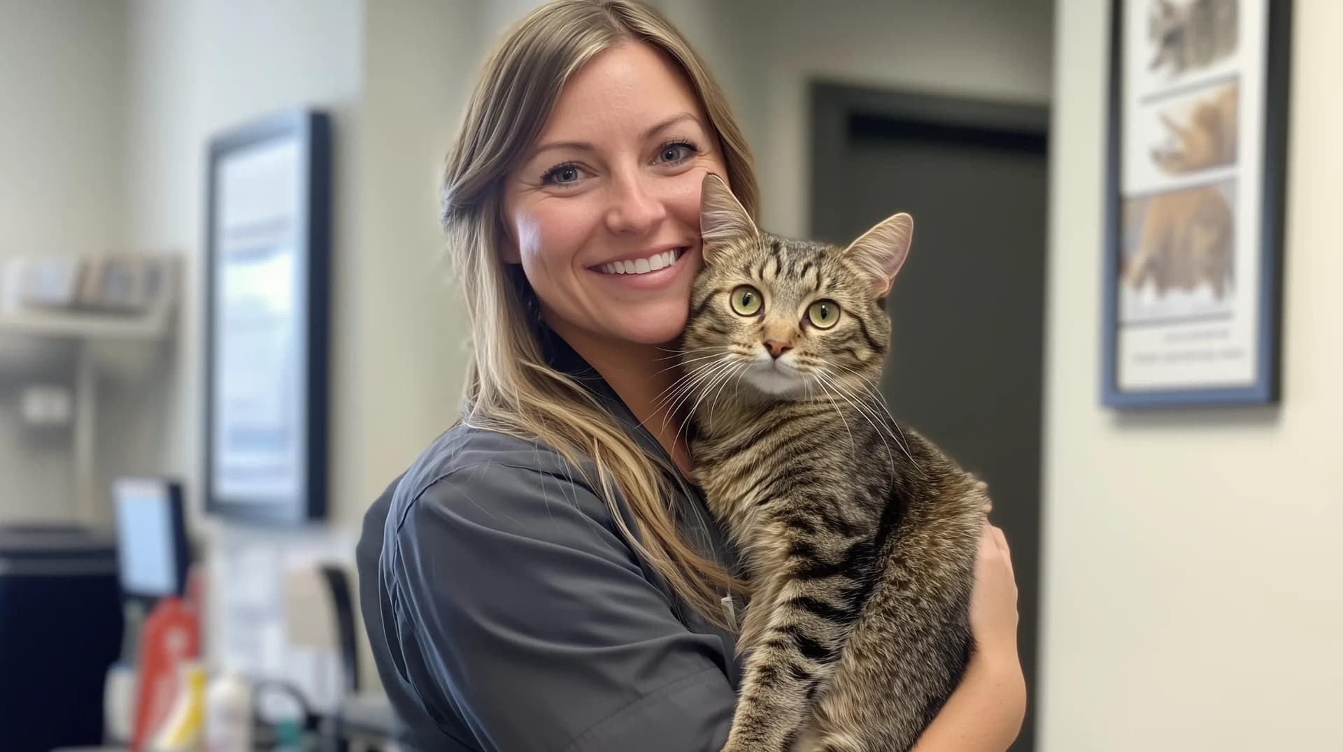 A personal support worker happily holding a cat used for therapy or mental support