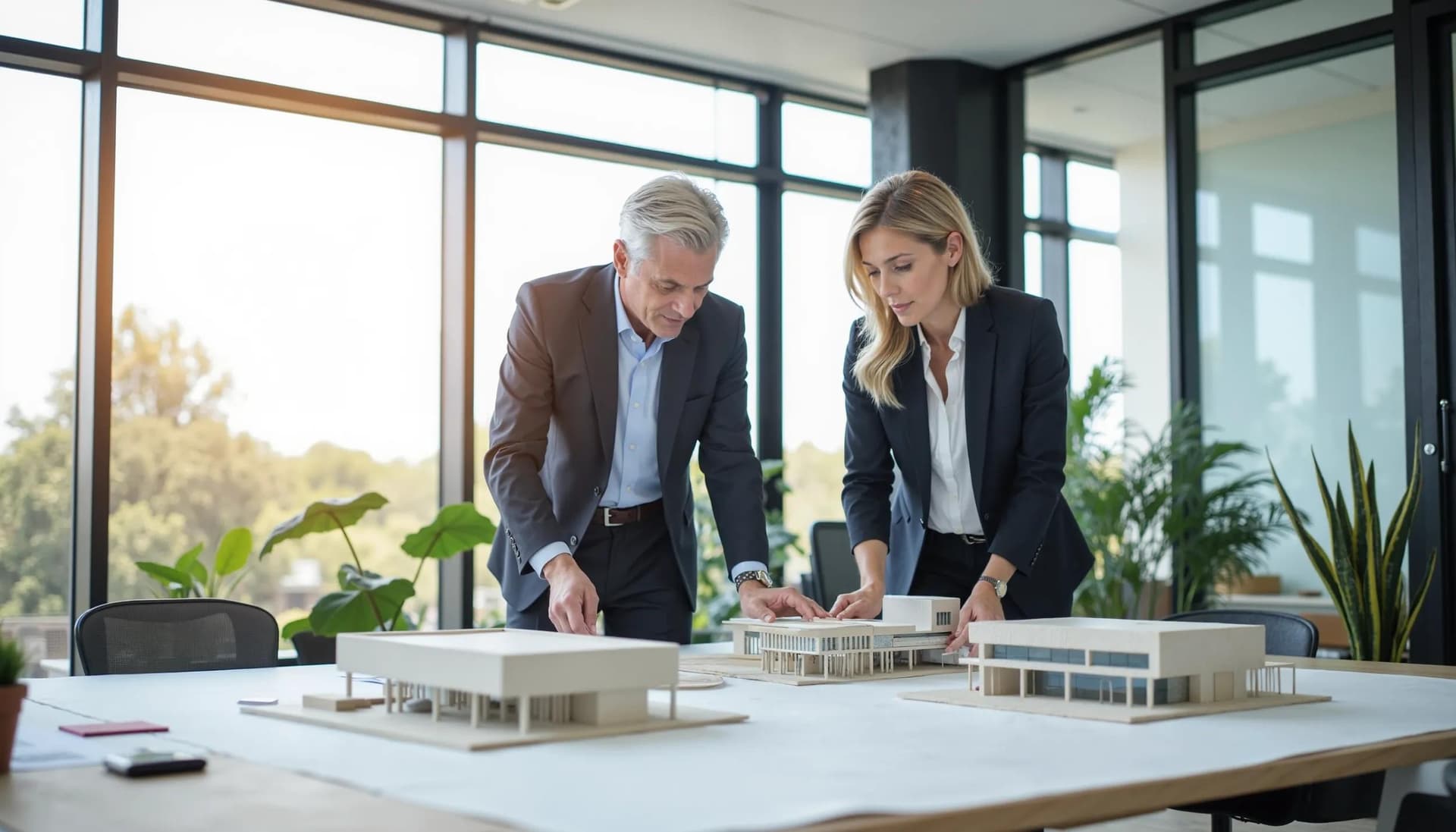 A senior healthcare company board professional in a meeting with a potential investor discussing a healthcare facility expansion project