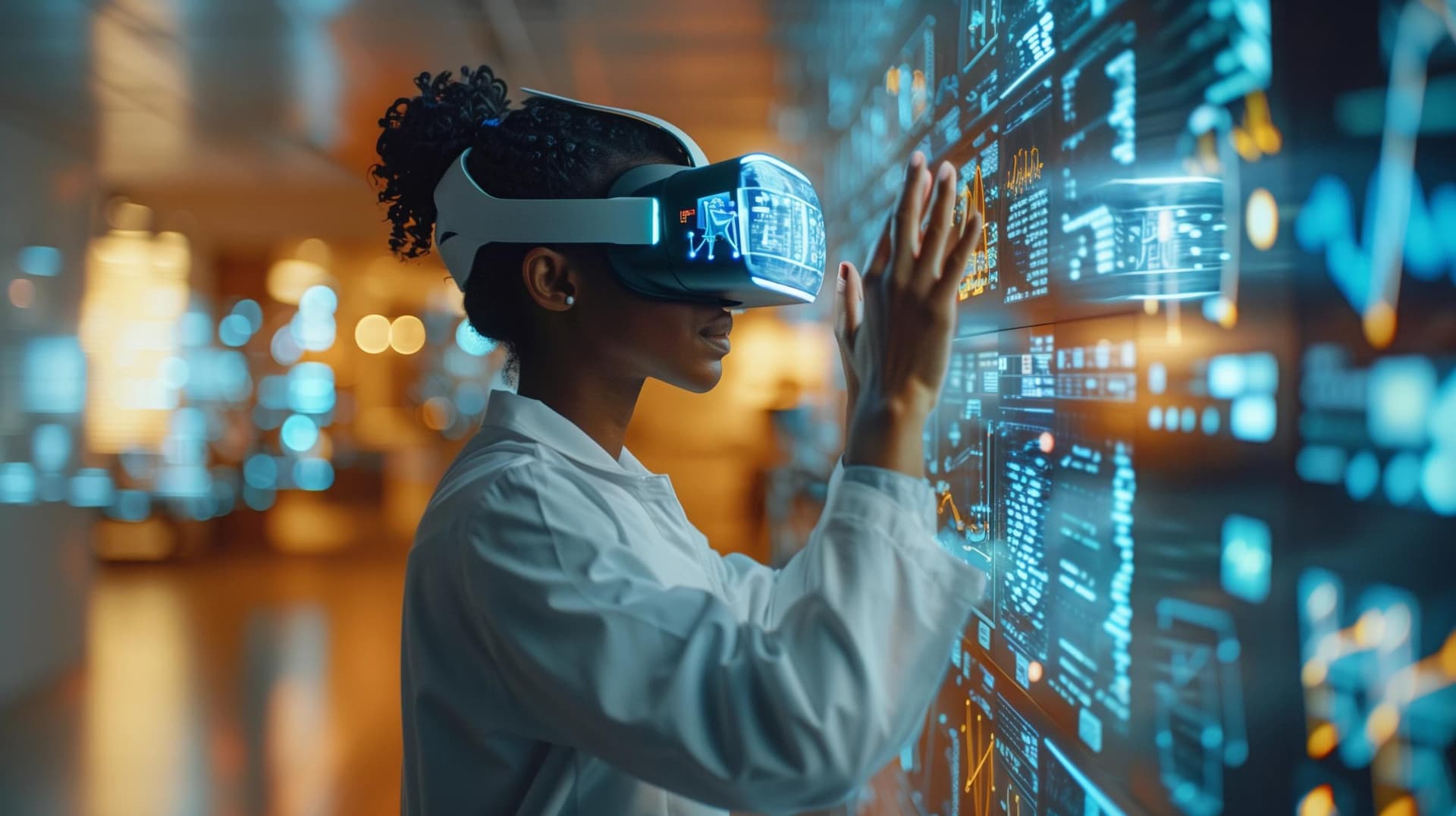 A JD Healthcare Consultant team member reading a patients charts in a VR goggle