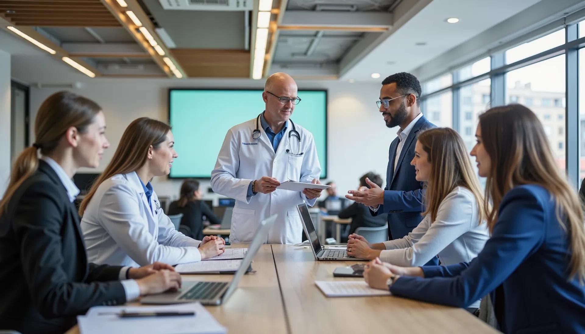 Team members representing different roles: doctors, IT specialists, administrators—all gathered in a stand-up meeting