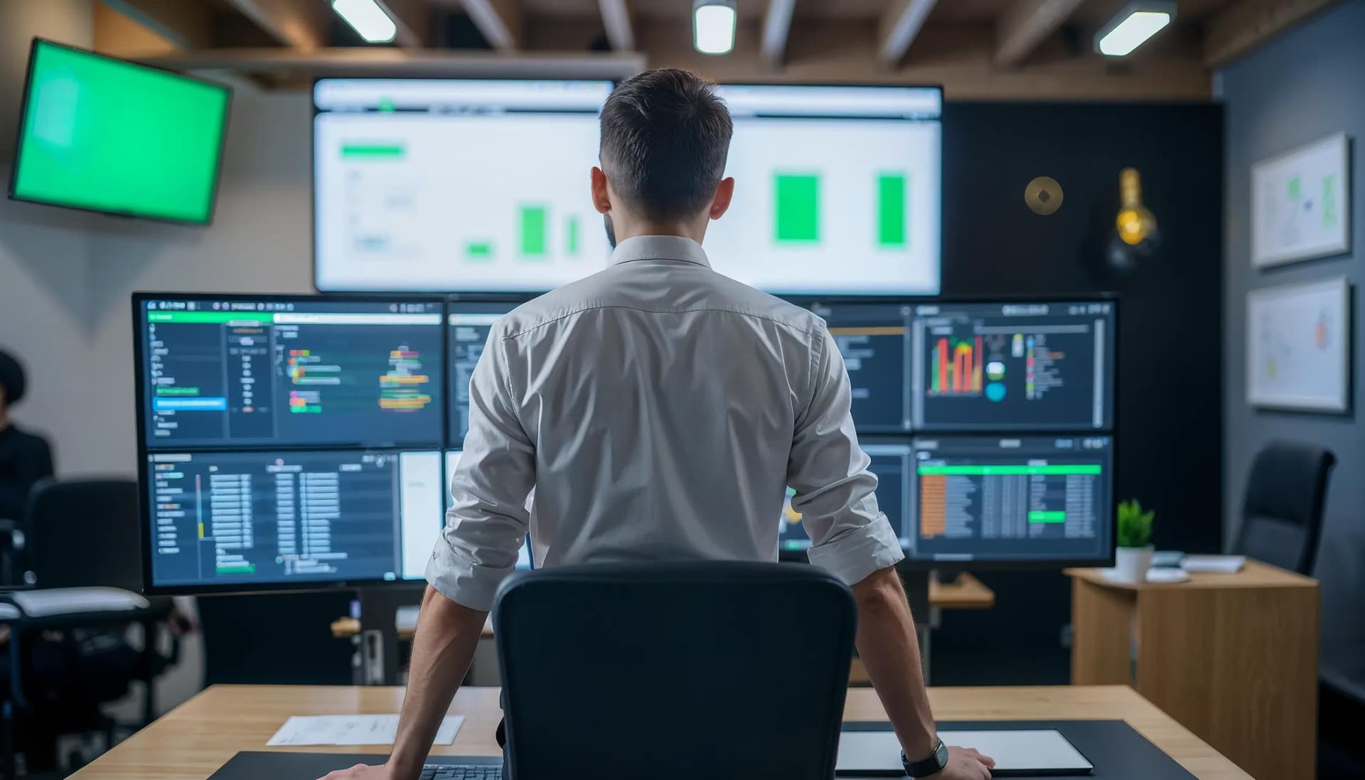 quality control professional reviewing data on multiple screens