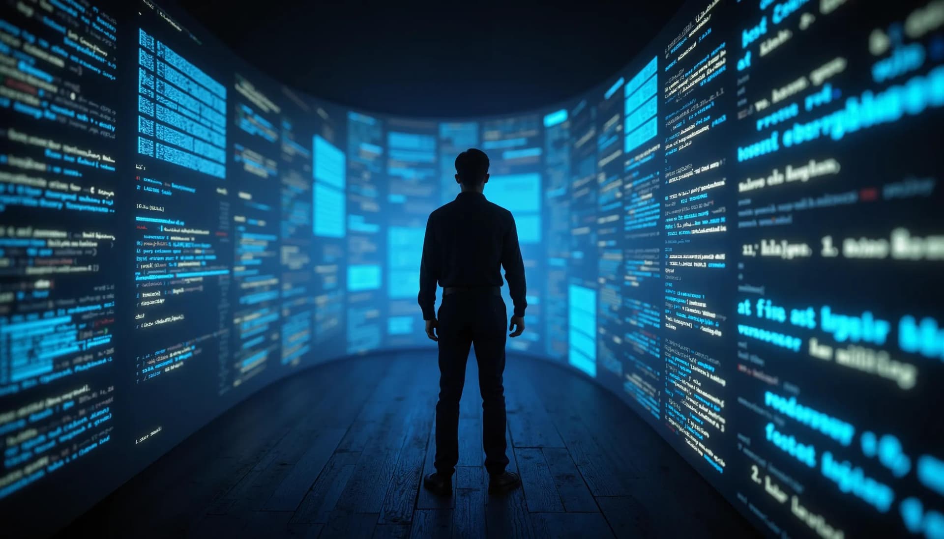 a cybersecurity expert surrounded by multiple screens showing different types of code