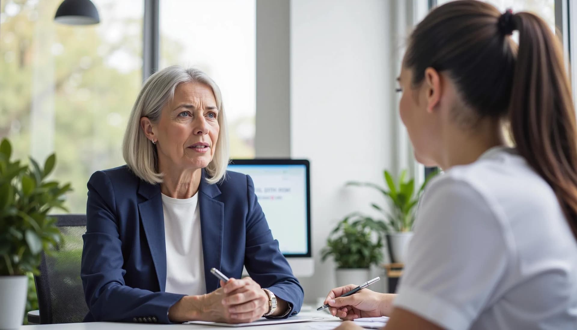 A young nurse is in a one-on-one session with the healthcare facility's senior human resources manager to discuss personal time-off scheduling