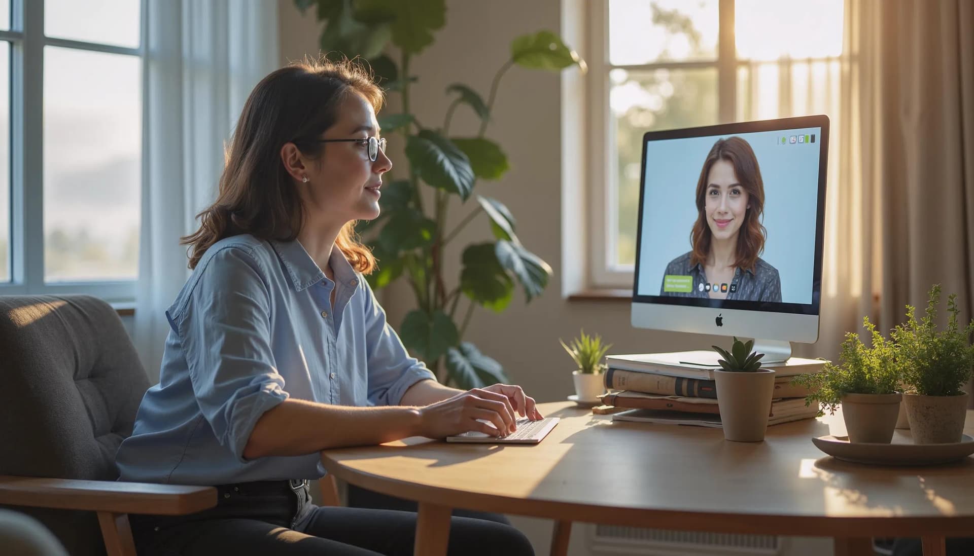 middle aged woman talking to an AI-powered healthcare chatbot