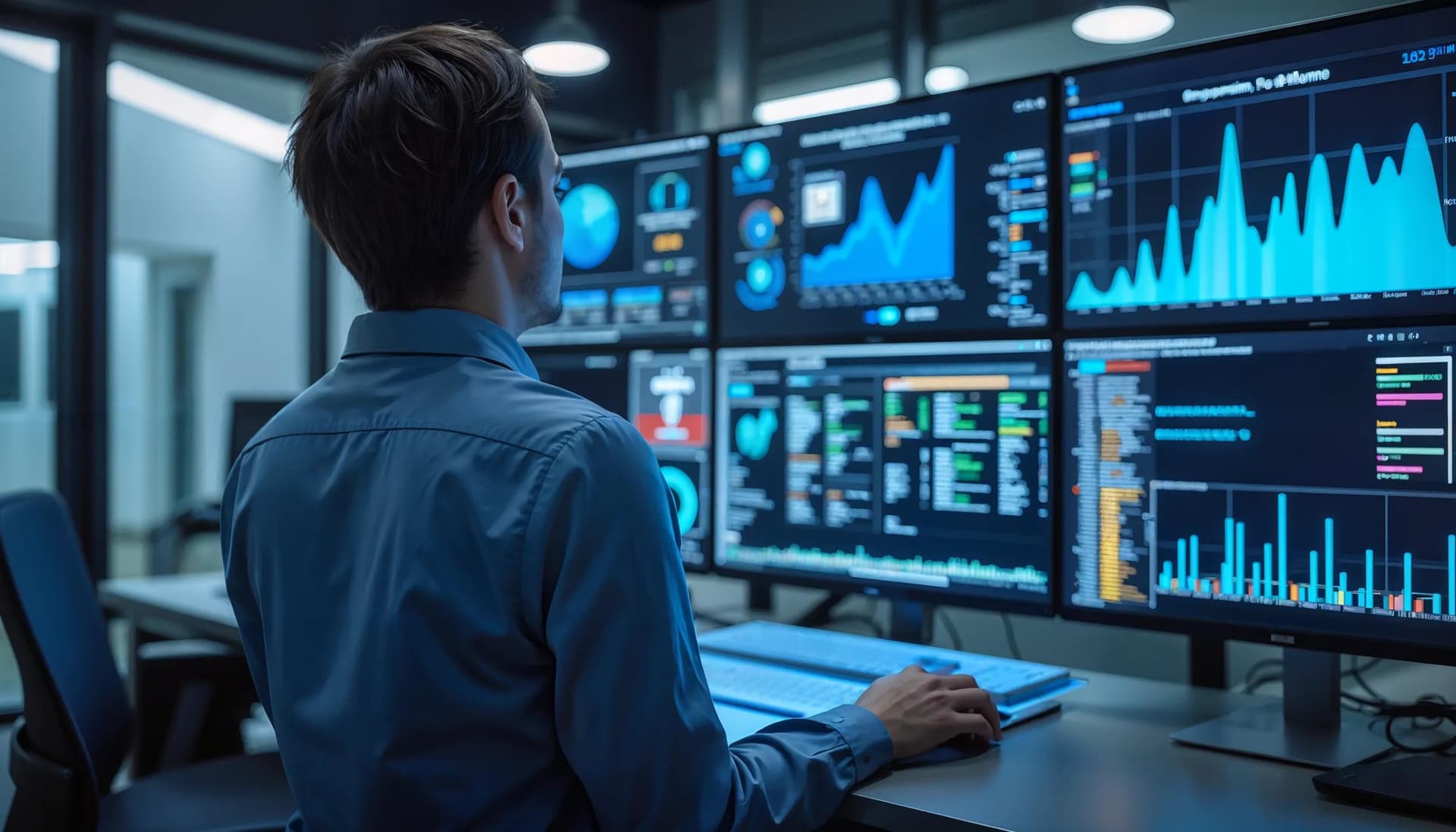 A hospital administrator in front of multiple digital screens with compliance analytics – Demonstrating real-time monitoring of patient data security