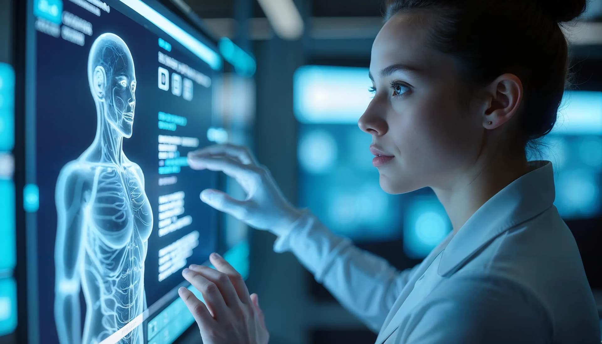 A healthcare professional interacting with a digital dashboard showing patient information on screen