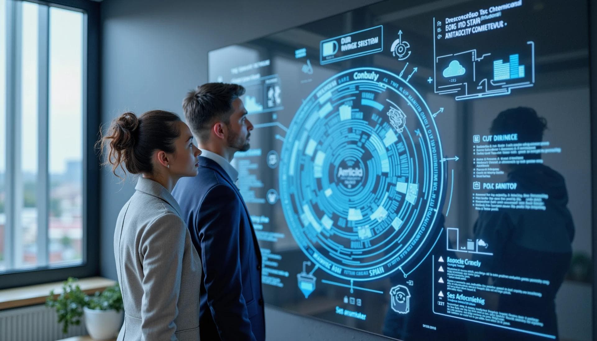 A male and female business professional looking at a virtual wall showing a layered blueprint graphics