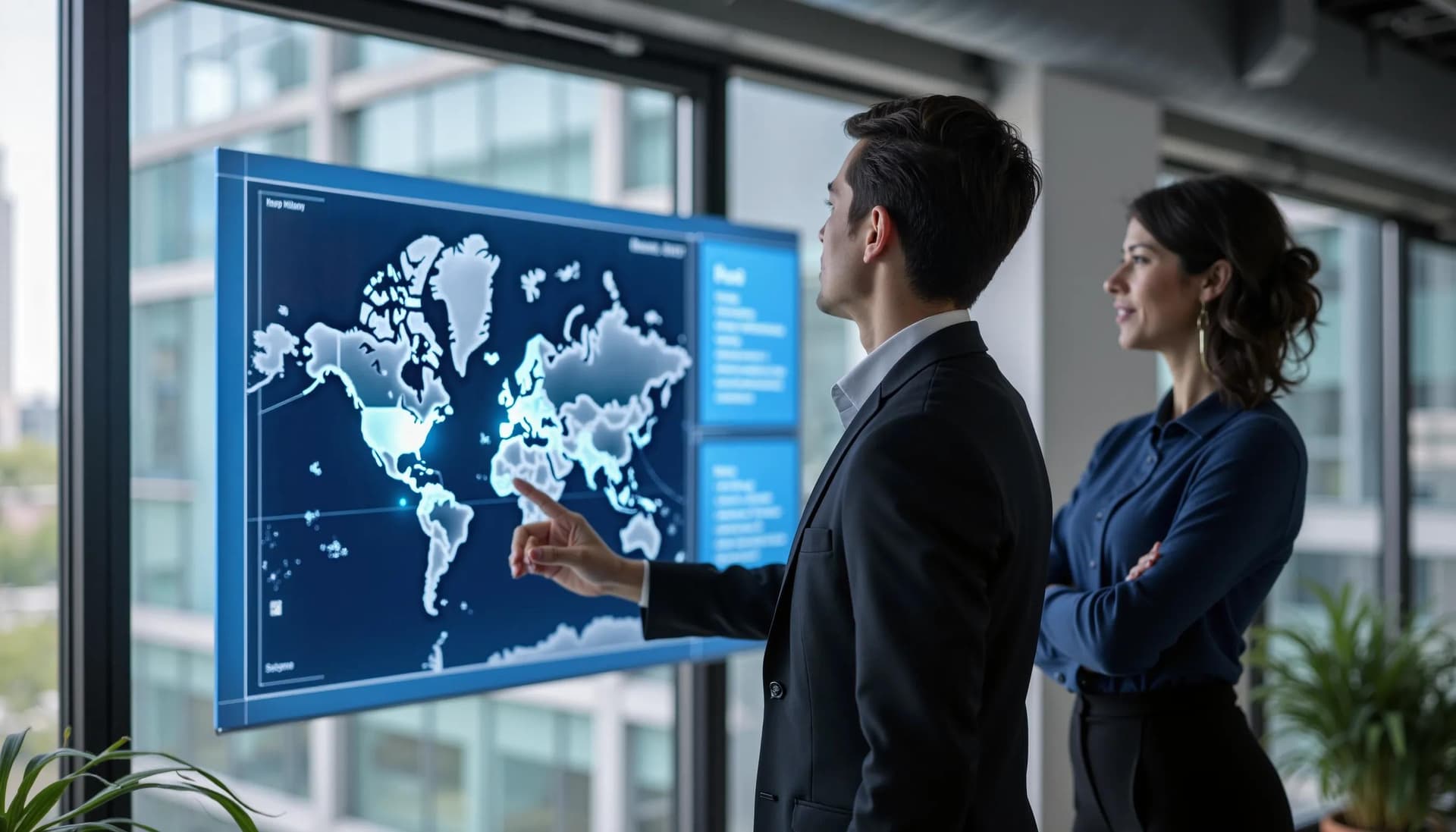 Two healthcare administrators surveying the status of their network of facilities on a digital map