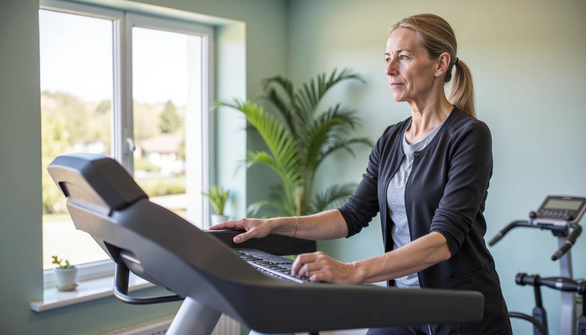 A middle-aged woman is testing out a new treadmill integrated with AI to check for cardiovascular health and signs of chronic diseases