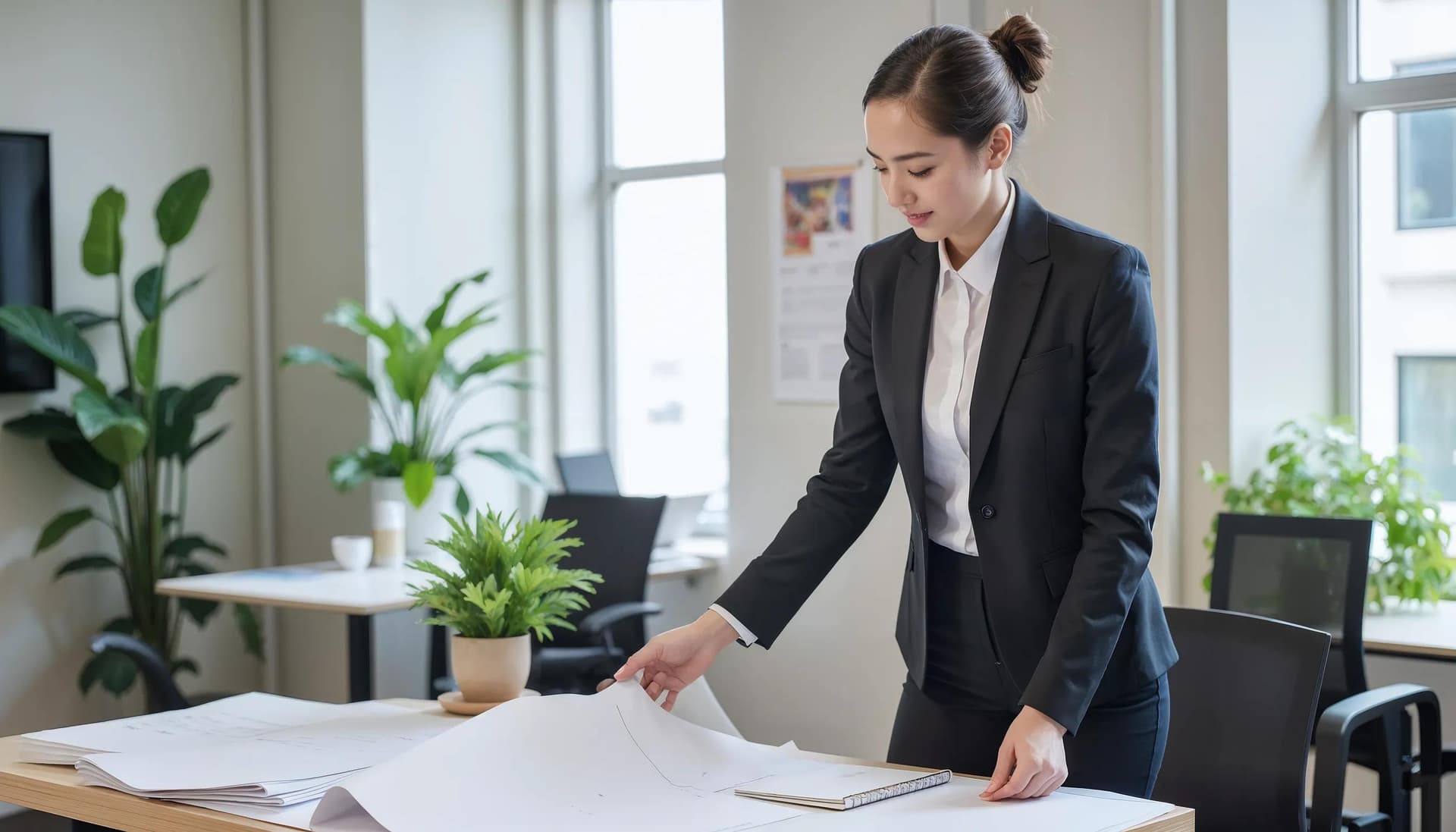 A hospital admin worker finalizing documents to present in a meeting about future proofing business models