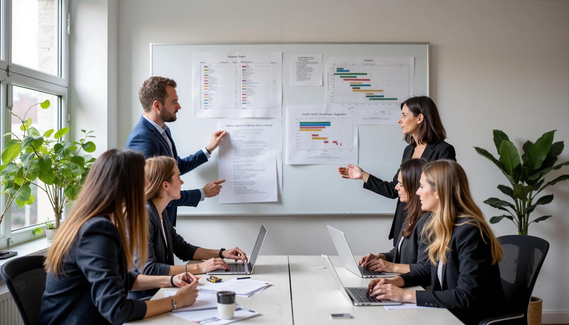 A project team in a strategic planning session with risk maps and Gantt charts in the background