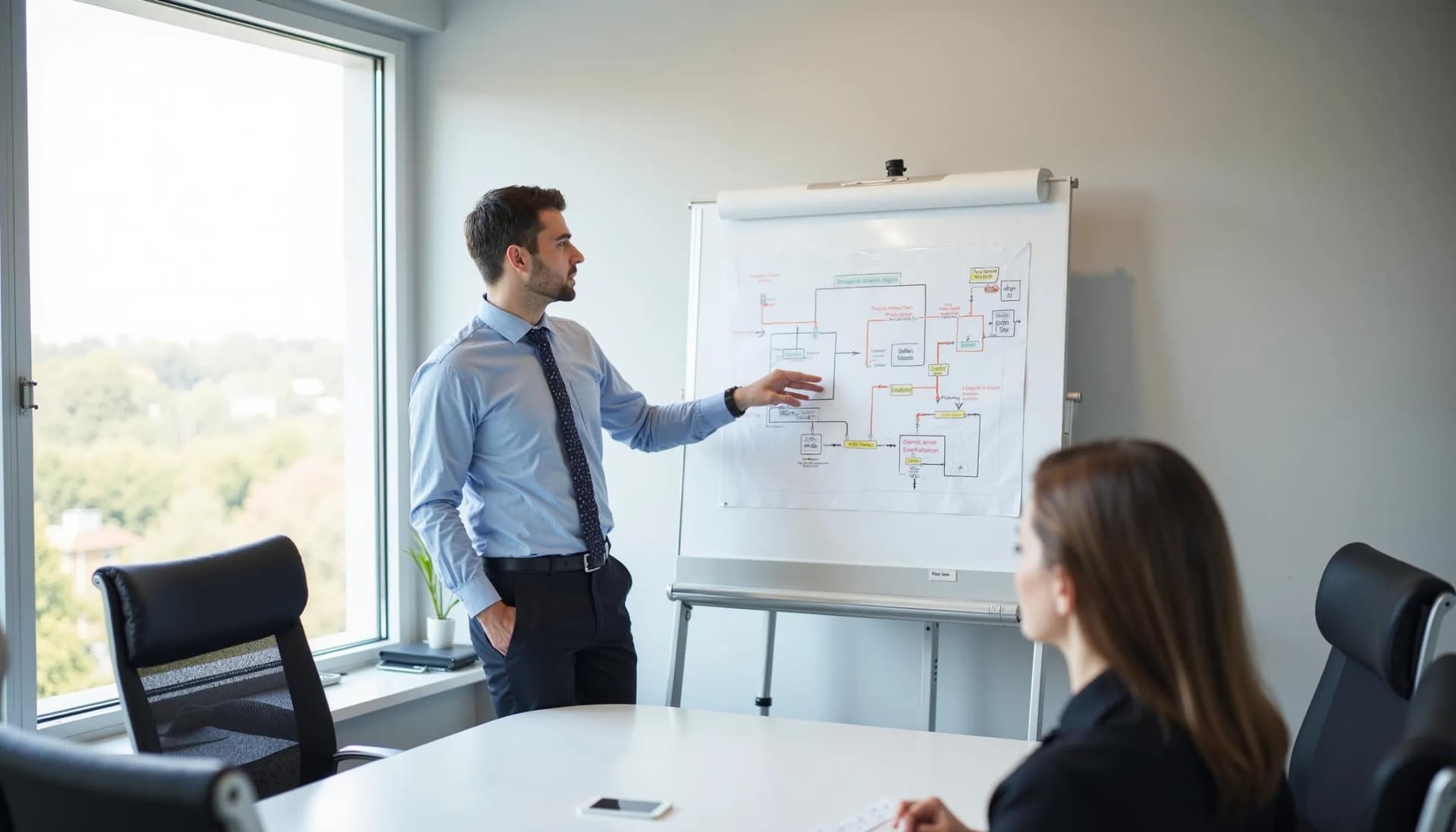 A healthcare executive providing a run-down of different scenarios in a conference room