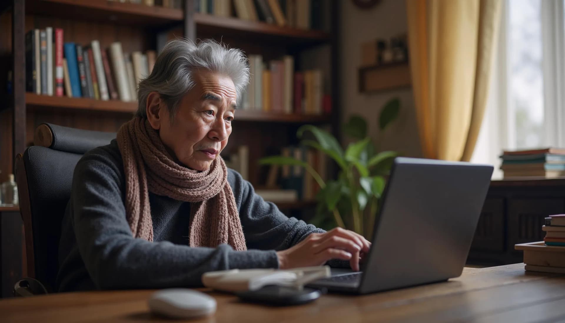 an elderly patient seated in their home office engaged in a telehealth session