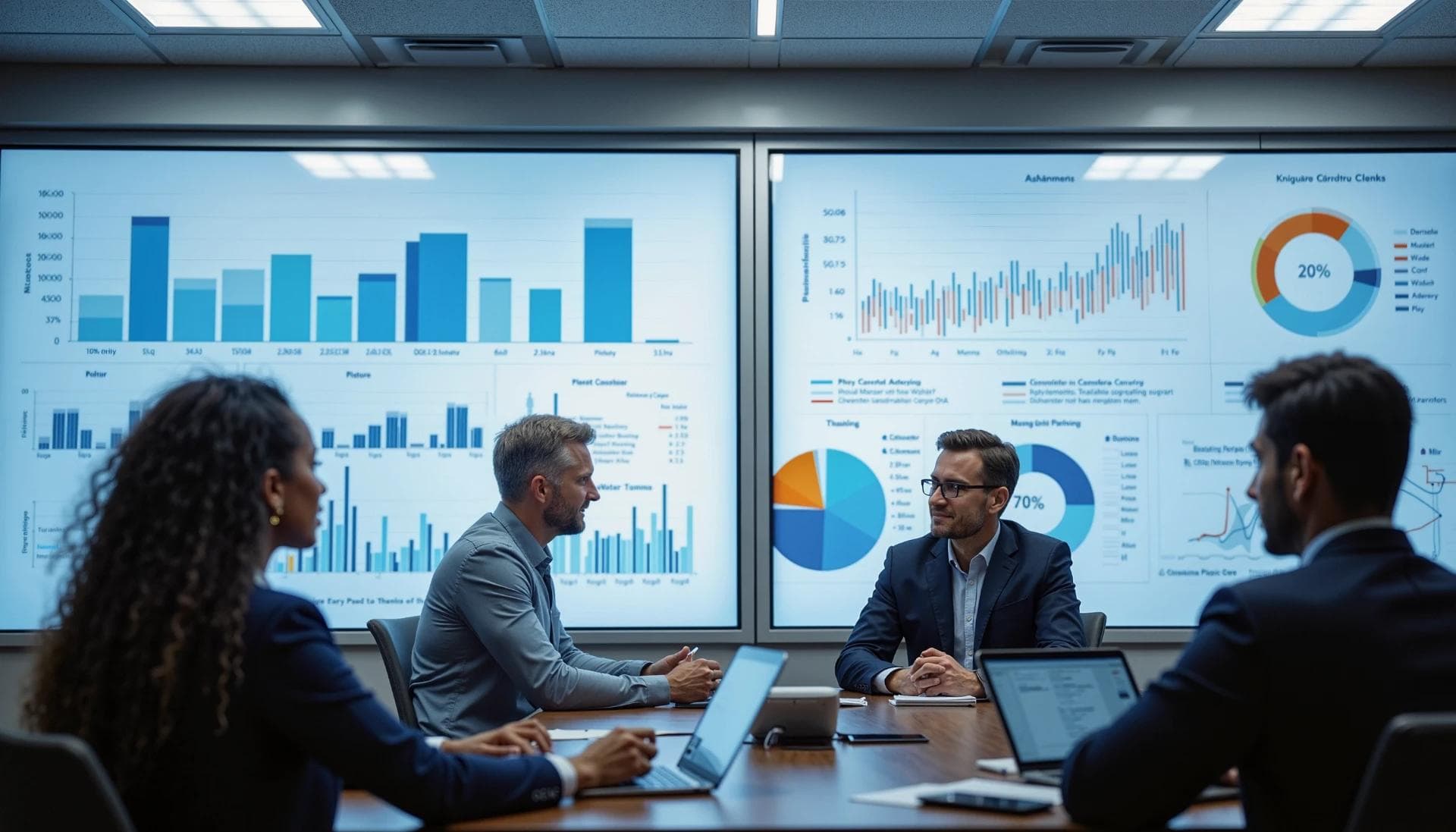 A healthcare finance team in a meeting with charts on screens showing “cost vs. outcomes” analysis