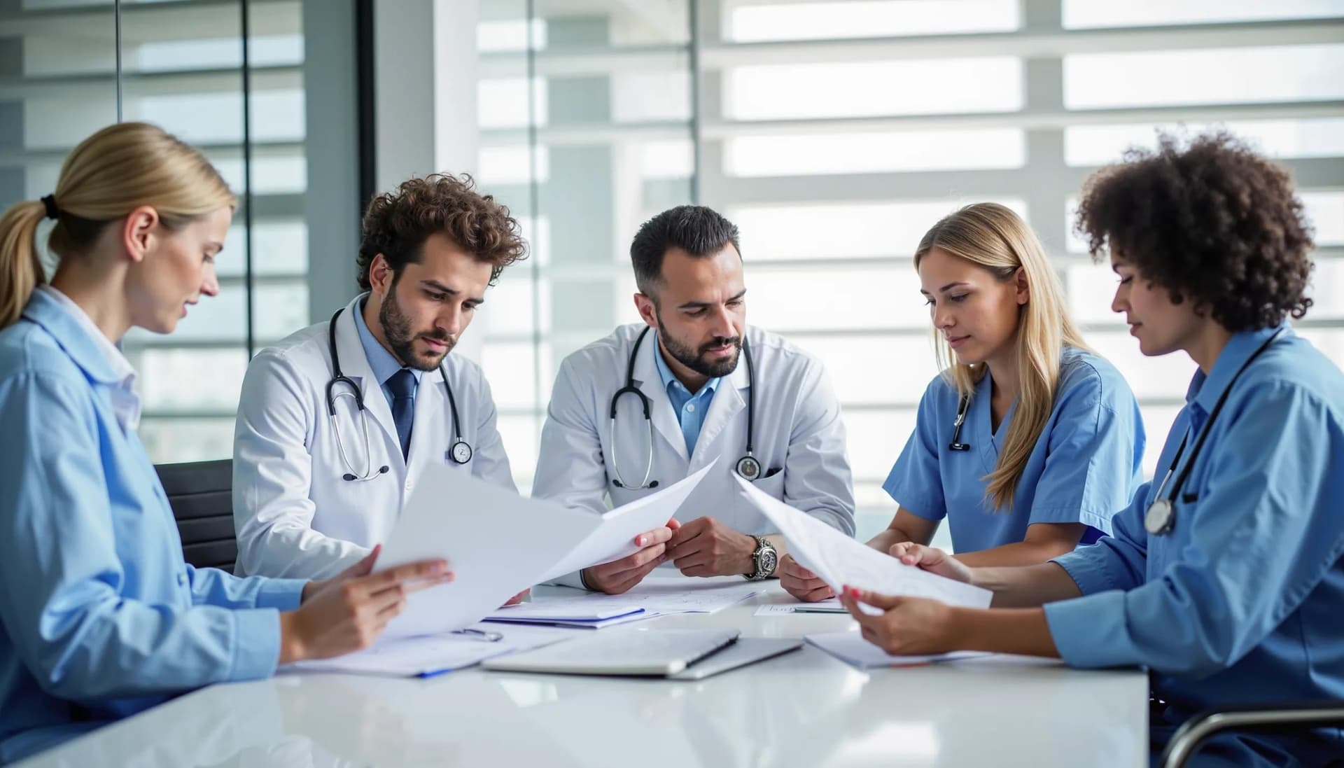 A group of healthcare staff huddled in a meeting to discuss clinical protocols for improved inter-departmental collaboration