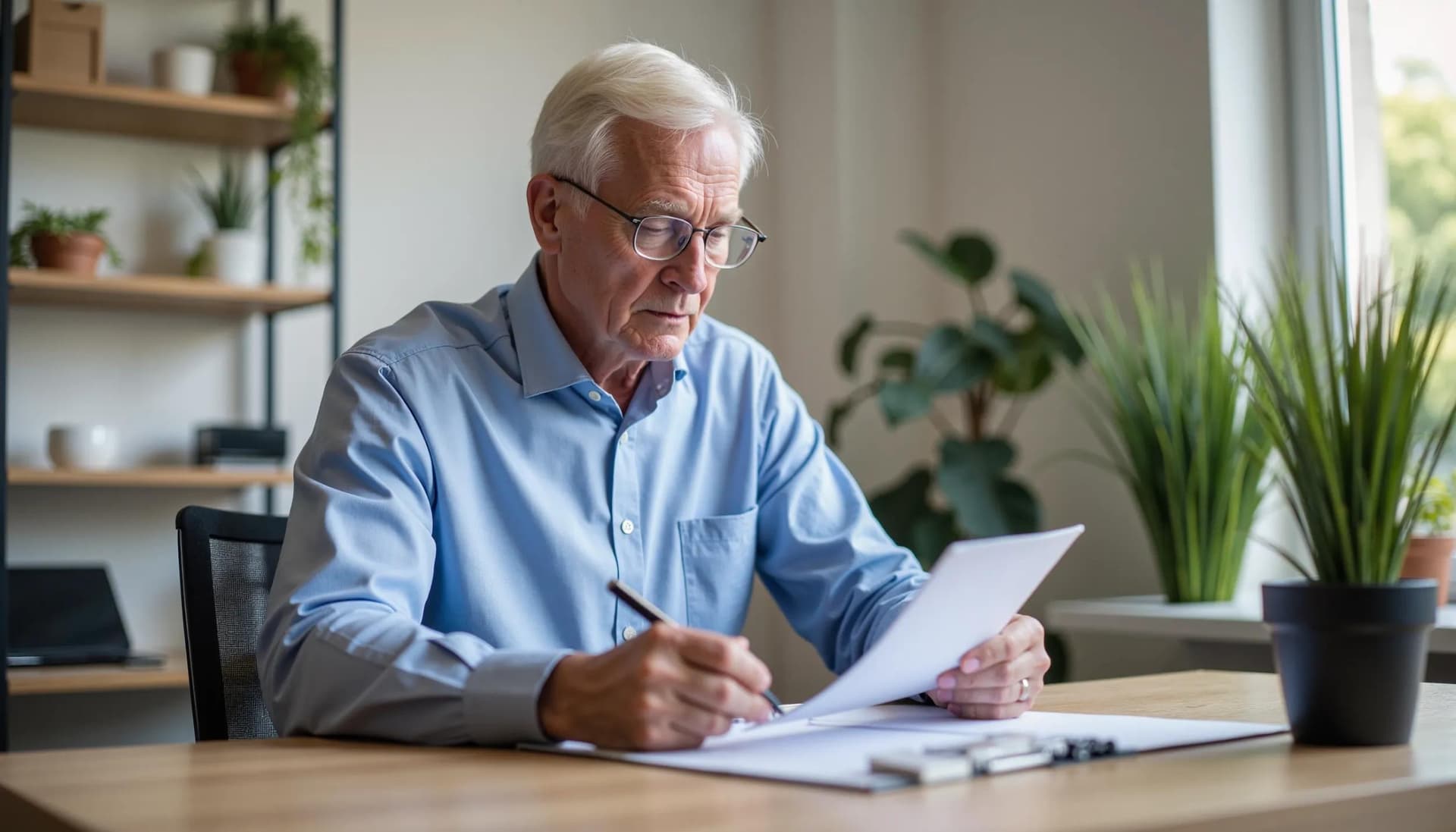 A senior patient filling out a feedback form to ensure the quality of service is maintained