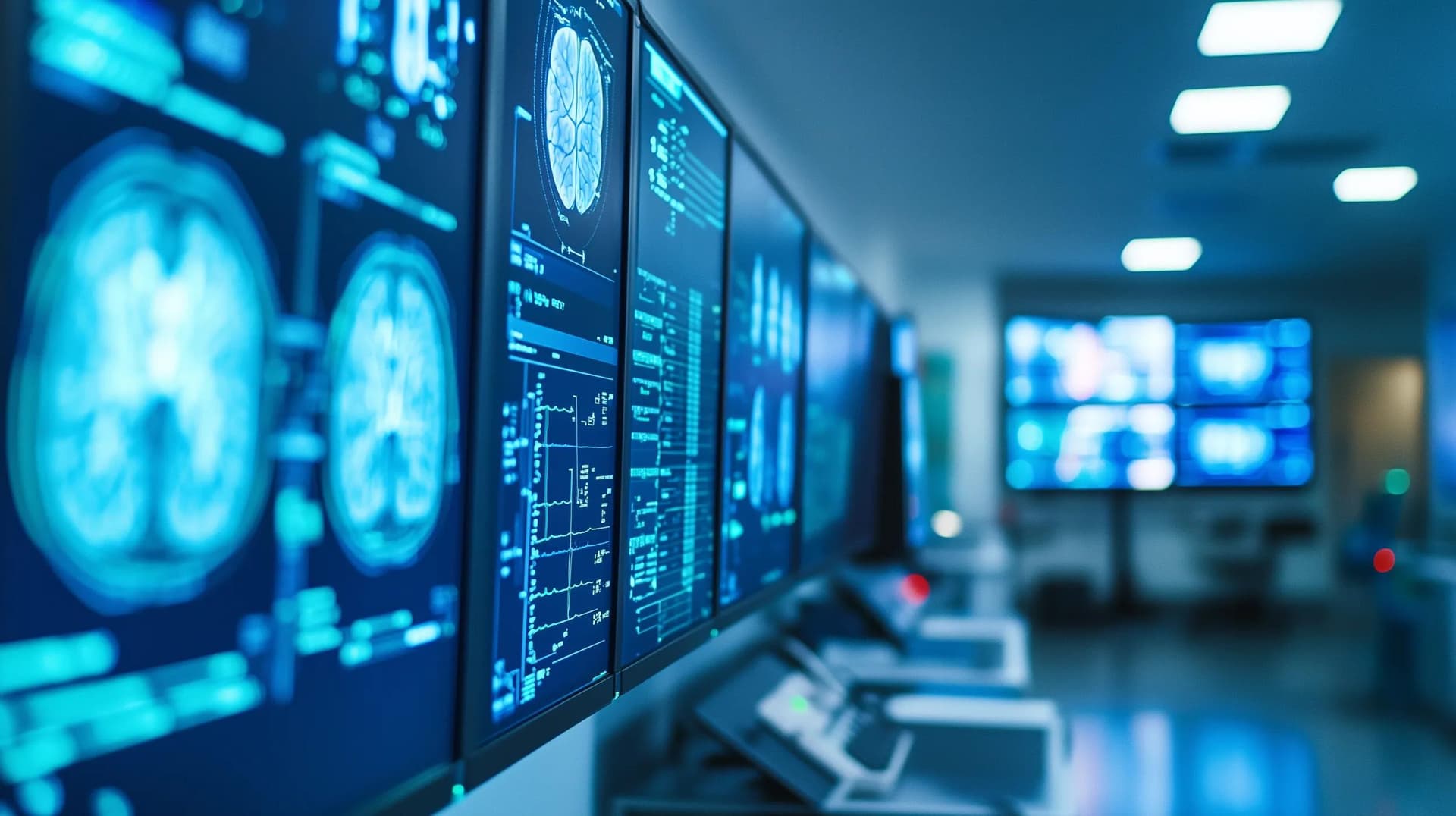 Computer screens arranged on a wall in a healthcare control center used for patient health monitoring