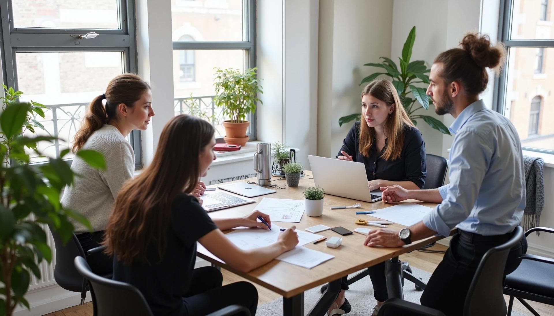 A collaborative team of four people, in a meeting, analyzing performance data