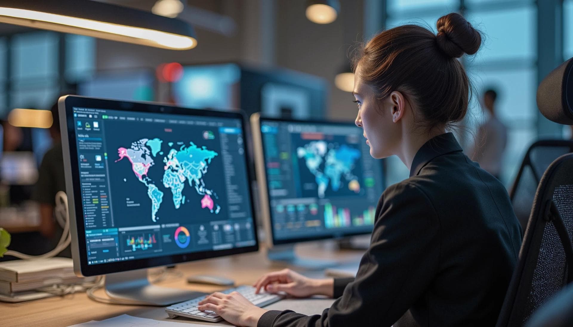 An female IT professional sitted in their office, looking at their computer screen which shows a map or visual network showing rural communities connected through digital health services