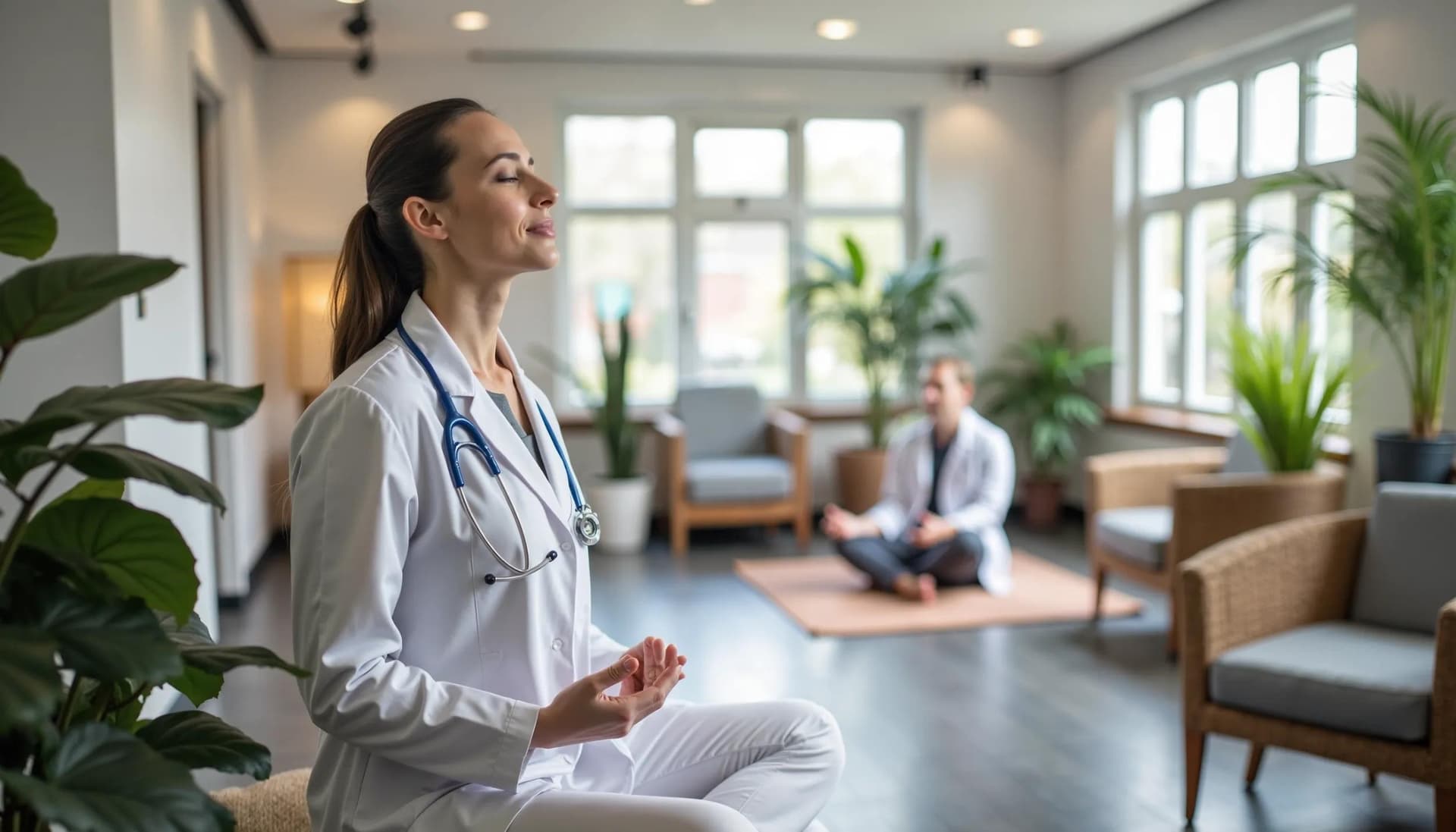 A medical professional meditating in a wellness room to relax after a long shift
