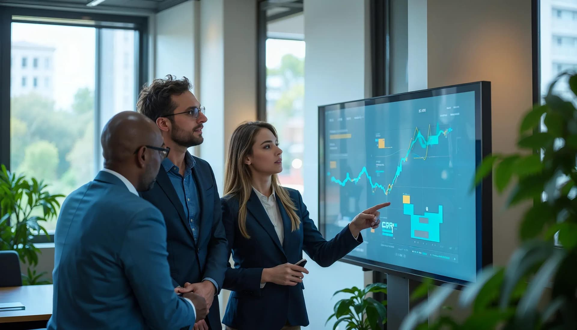 JDHC healthcare executives analyzing data on a large screen for long-term planning