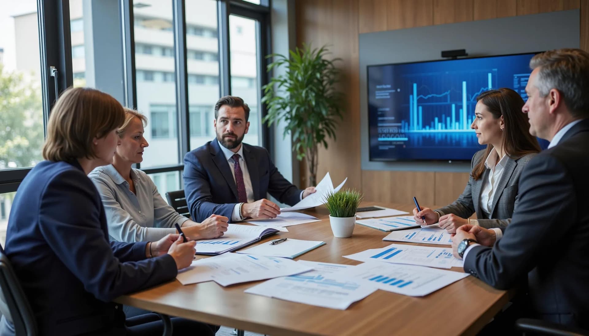 A healthcare board of administrators in a meeting to discuss strategies for the next fiscal year