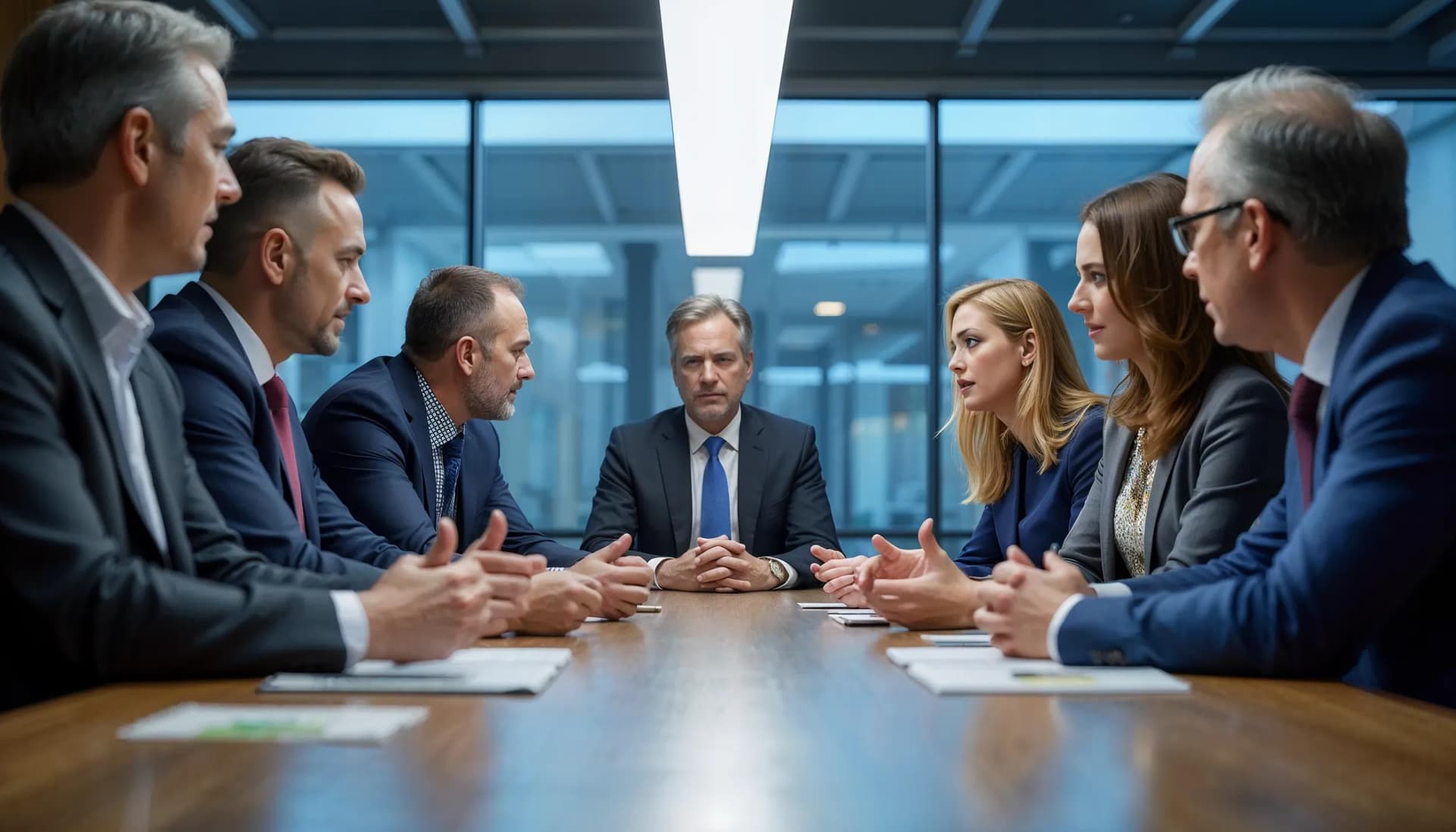 A diverse group of healthcare leaders strategizing funding solutions in the corporate boardroom