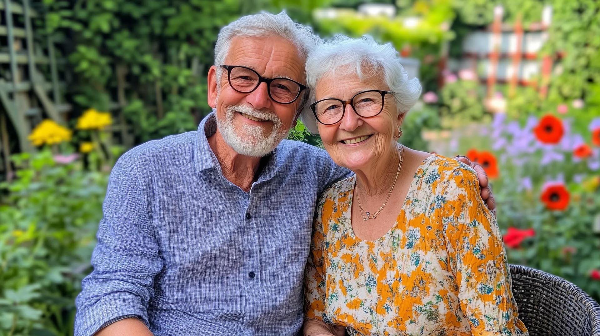 A senior couple seated in the garden smiling at the camera
