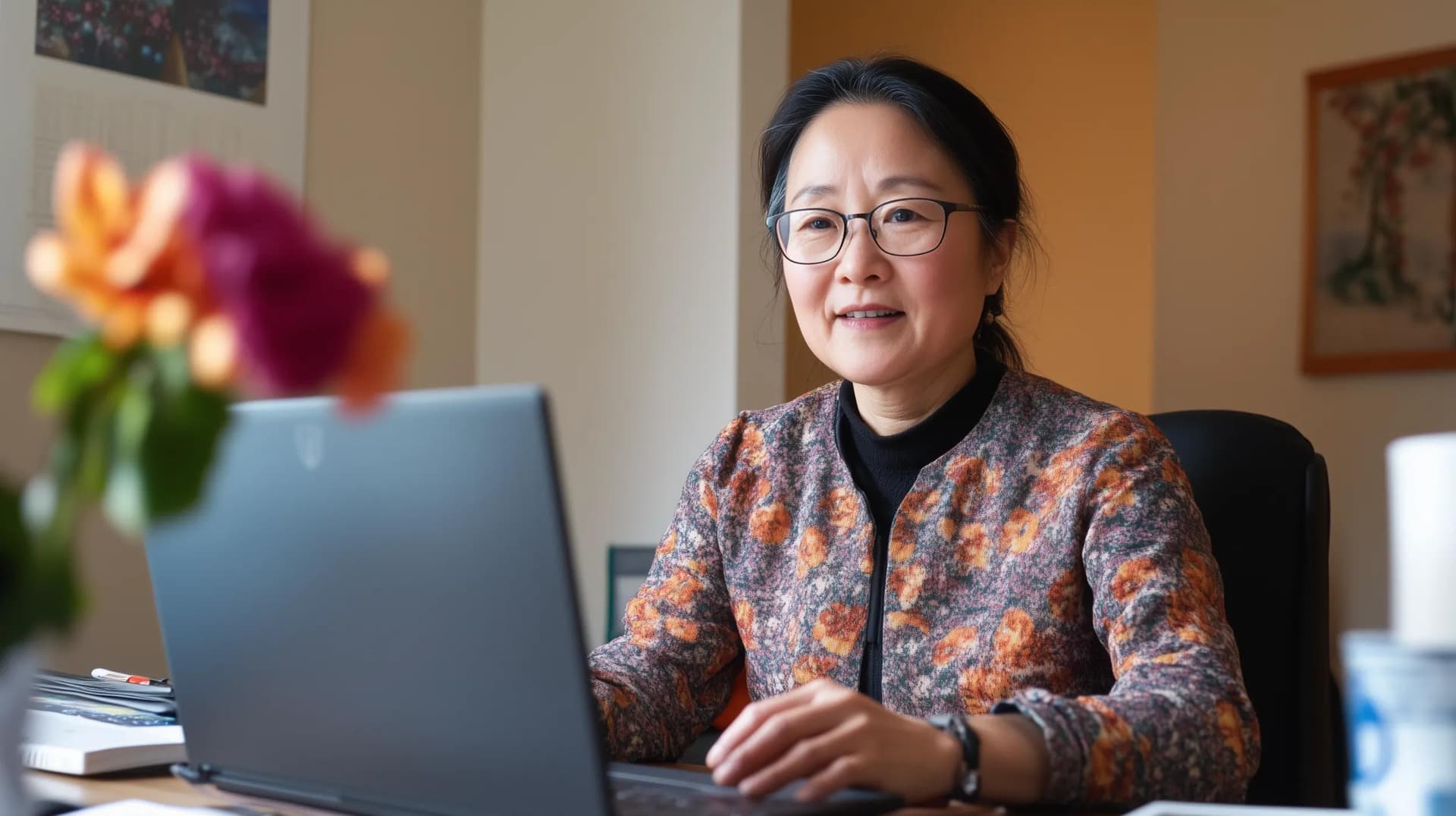 A healthcare administrator working on regulatory compliance documents on the computer