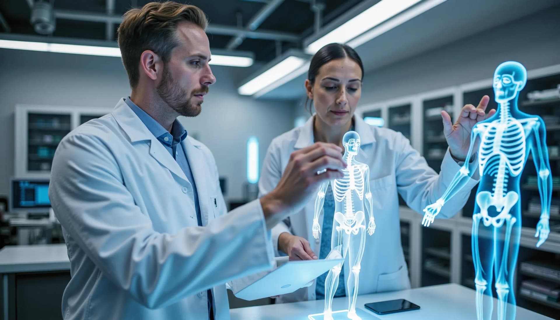 Healthcare professionals utilizing AI-driven virtual imaging to examine a patient's health data